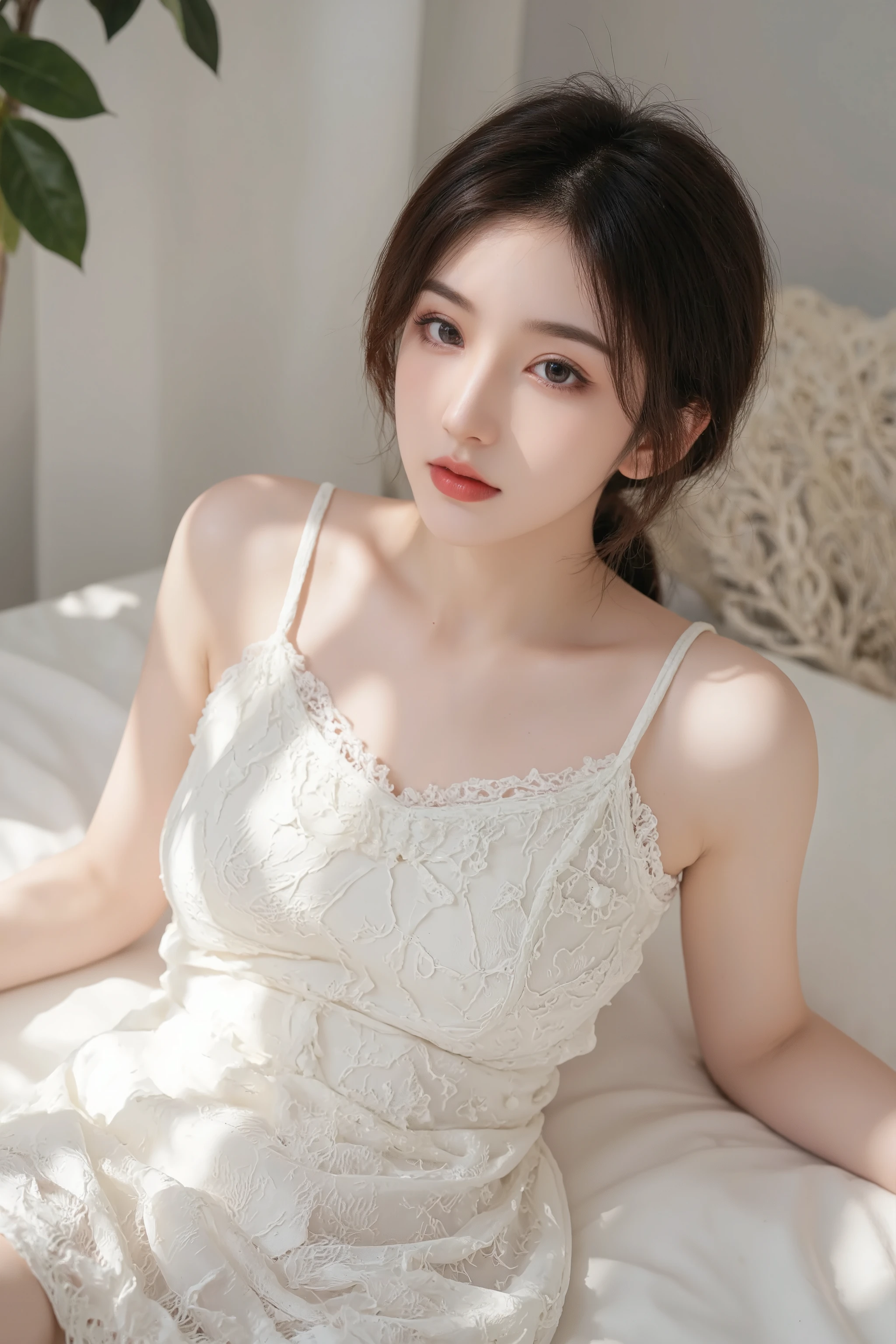 Masterpiece, High Quality, High Resolution, (Super Detail) ), (Wallpaper), ((Face) Detail),masterpiece, One woman per photo, Full Body Shot,Underarm、 Composition looking down at the subject from above, Young and beautiful woman in Japan, Smiling super cute face, short hair, She is wearing a sleeveless white silk satin chemise with white lace.,White panties、 Small breasts、skinny、Glossy Lips, Attractive person, She is lying on her back on a silk bed with her legs spread apart, Silk pillow, Silk bed sheets, Double eyelids on both eyes, Natural Makeup, Long eyelashes, Shiny and smooth light brown hair, Asymmetrical bangs, Fair skin, Center image, 8K resolution, High detail, Detailed hairstyle, Detailed face, Spectacular movie lighting, Vibrant, Ultra-realistic, Perfect limbs, Perfect Anatomy,Beautiful teeth alignment