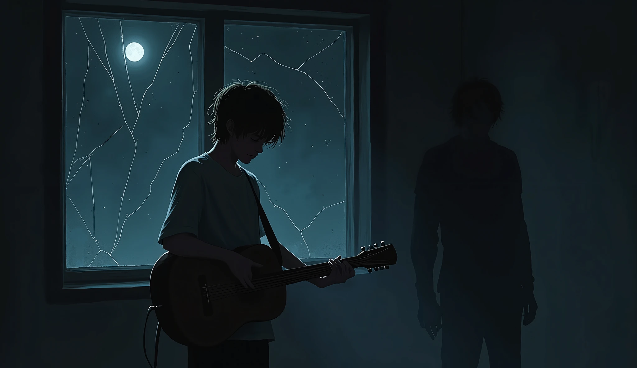 There is a man standing in front of a window playing a guitar - SeaArt AI