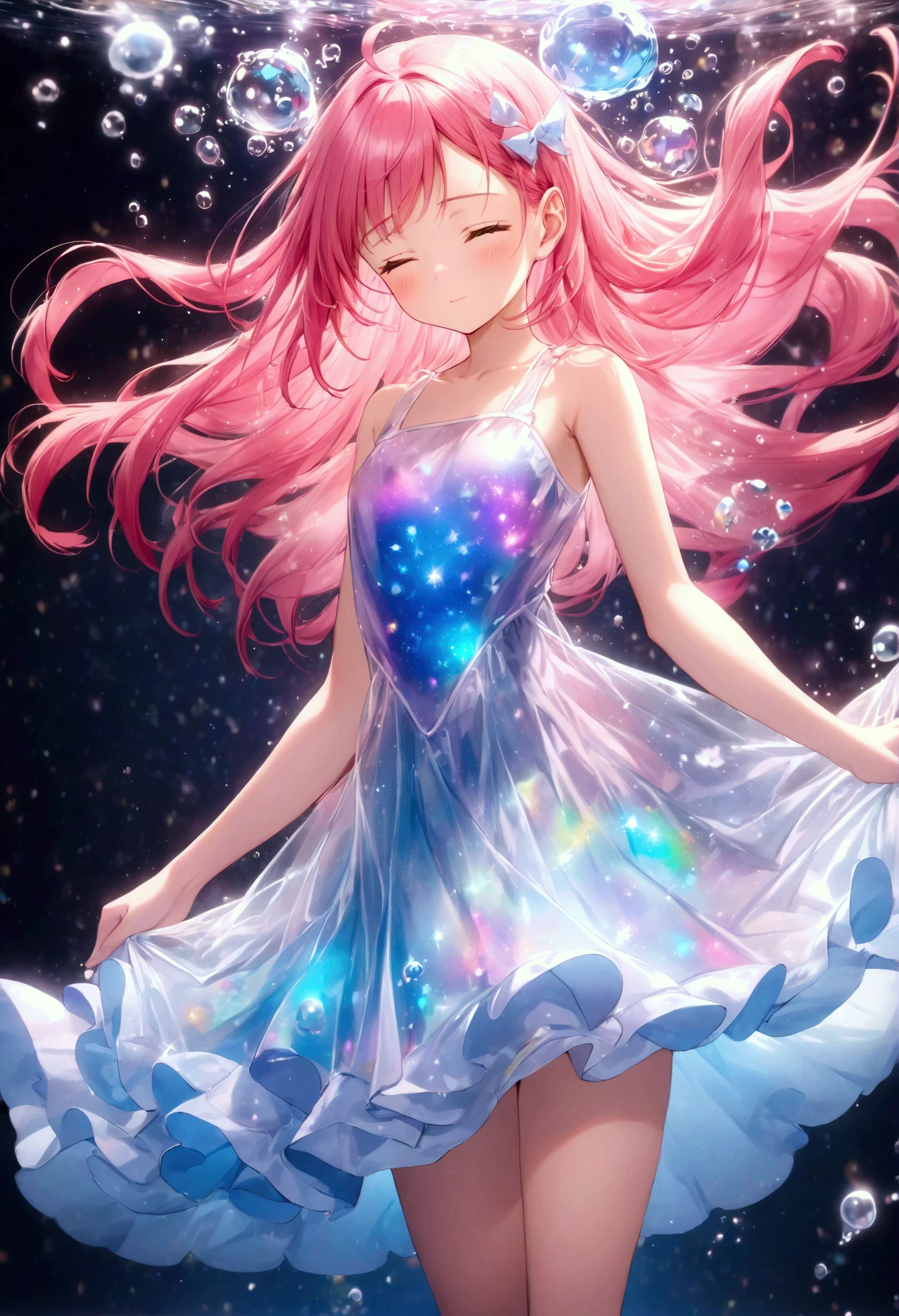  1 girl ,  Magical Girl, In the process of transformation,  while creating fine details, Magical Dress,  amorphous dress , A one-piece costume that is transparent to the background around ,  background like carbonated water , Liquid-like hair ,  Long Hair ,  eyes closed,  biologically compliant , Magic Light, everything is ambiguous ,  contrary to the laws of physics 