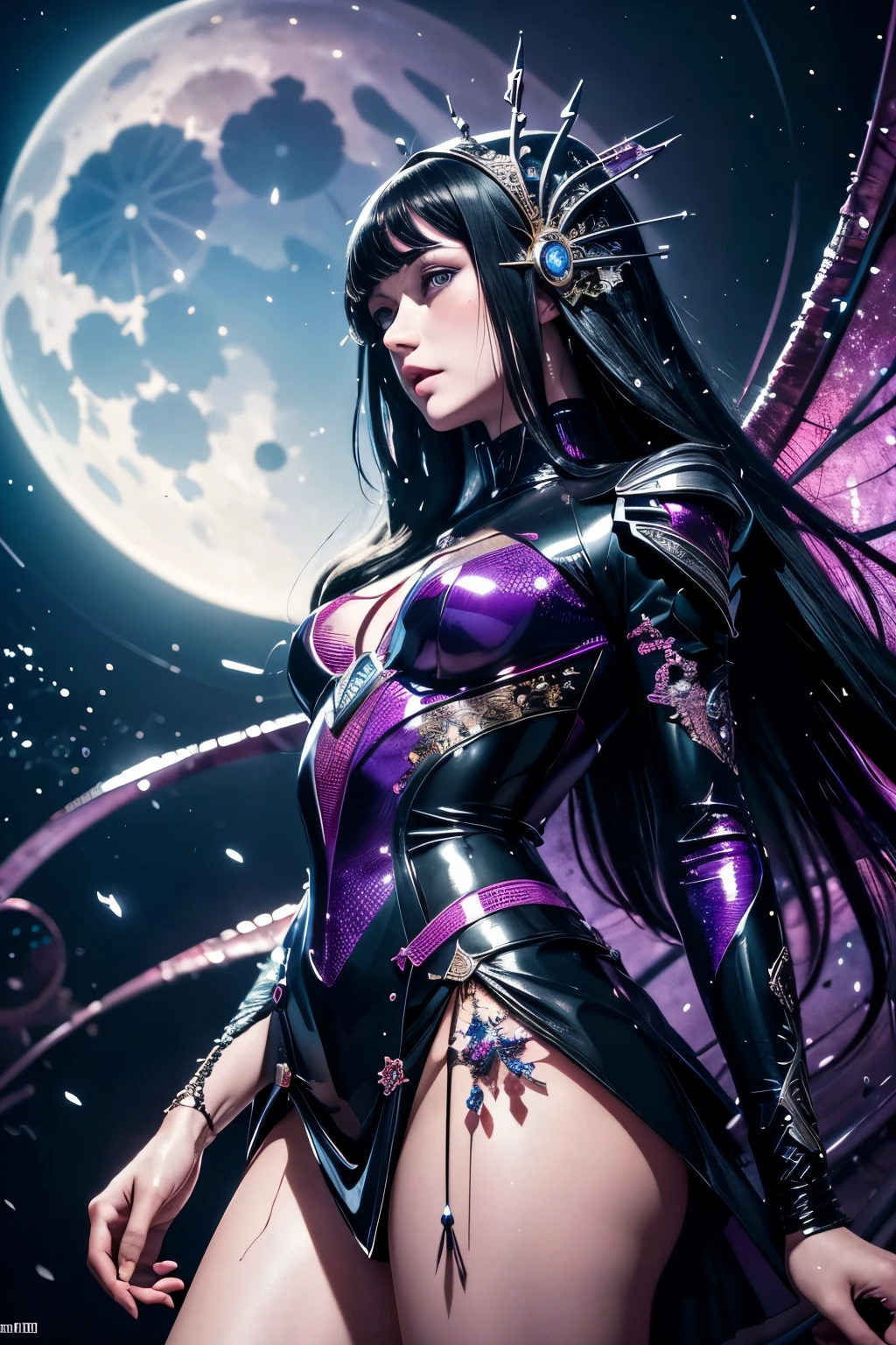 (body formed by galactic liquid mauevine and black metallic paint twisting into a beautiful interpretation of the female figure), au naturel,((complex galactic metallic colours in the foreground)), (( fluid mechanics, the loveliest smooth scale face makeup, smirky expression)) - red, black and gold, onyxia, metallic color palette g0s1, full body, naked thorso