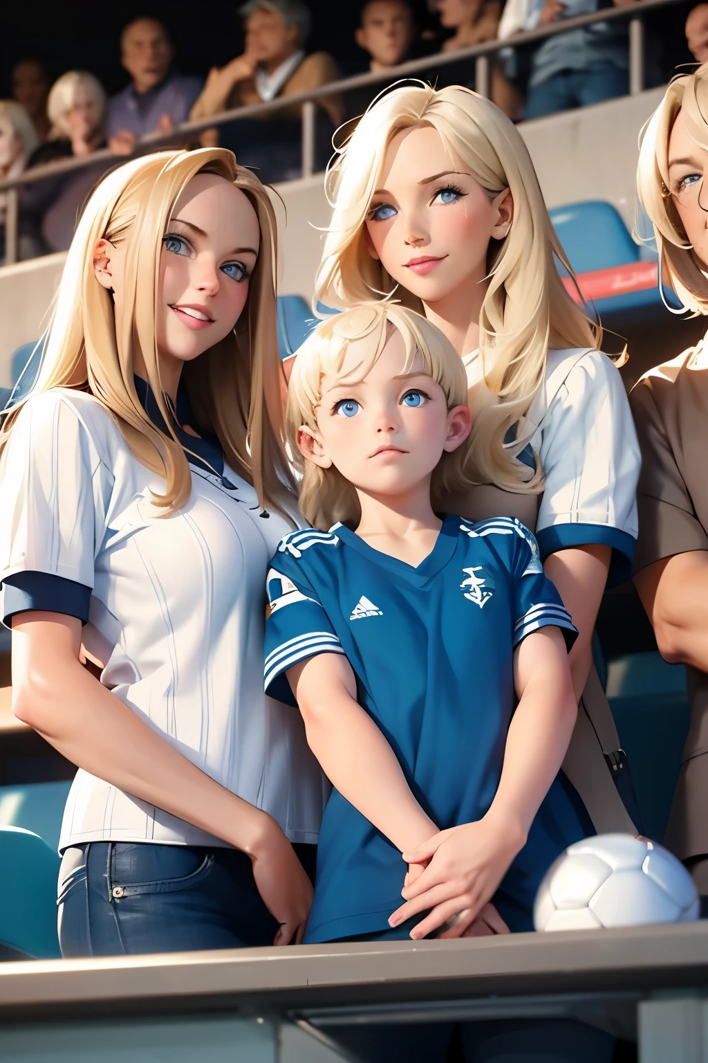Family photo at a football match . The photo shows 3 people , woman and her ren . Beautiful woman aged . she is 40 years old . blond hair , blue eyes . Small size 1 breasts . height 175 cm. Wearing lightweight football club shirts . With her Two boys . Look like her . Oldest 16 . Youngest .