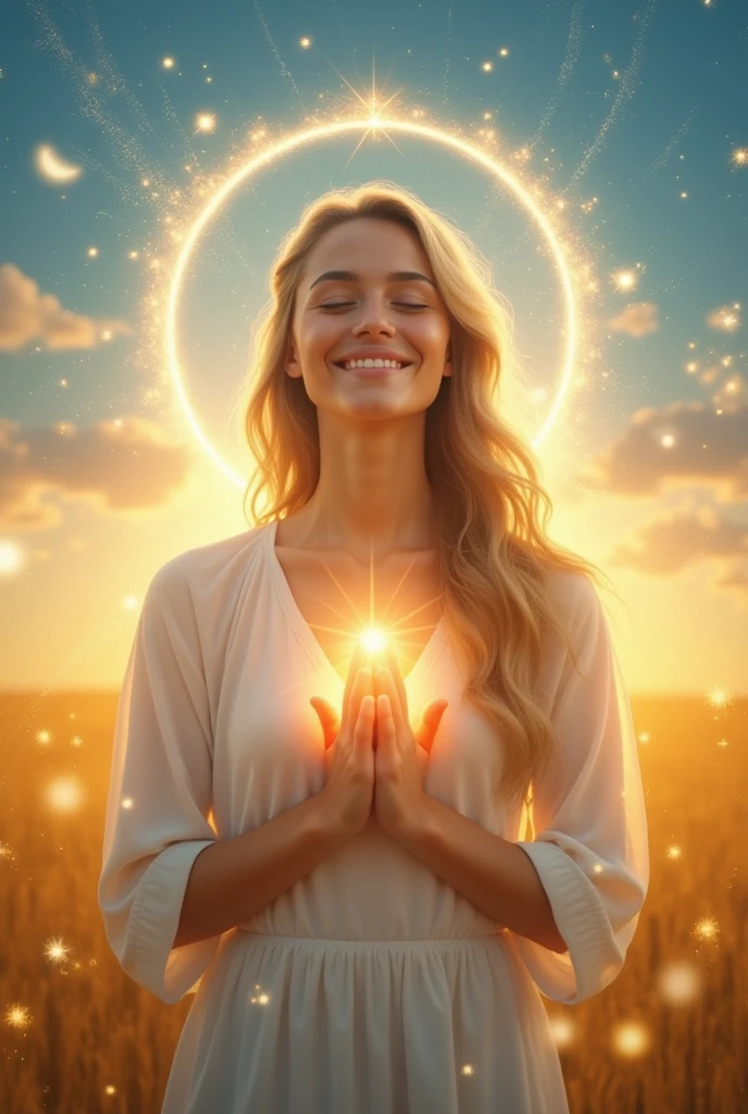 A serene and radiant young woman stands in the center of a brilliant ...