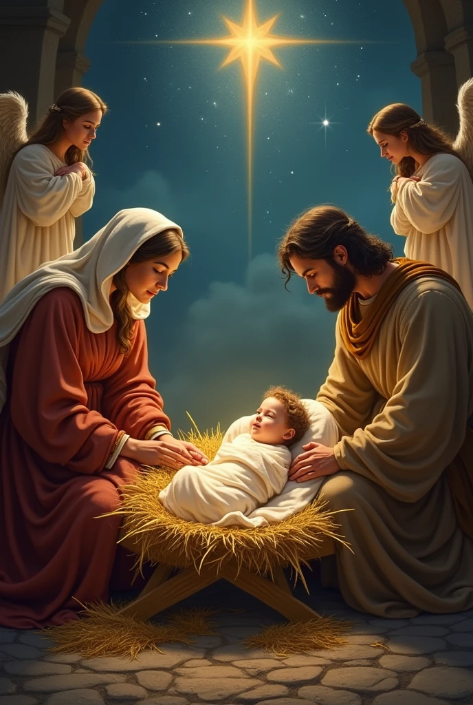 Uma pintura de uma cena de manjedoura com um menino Jesus e uma manjedoura, Com o Menino Jesus, Noite de Natal, Foto do perfil, 插圖 bíblica, O Nascimento, Directed by: Laszlo Balogh, 插圖 », Directed by: Roman Bezpalkiv, Christian art, biblical image, 插圖, jesus of nazareth, Pintura religiosa, Holy and beautiful, Holy, Family photo