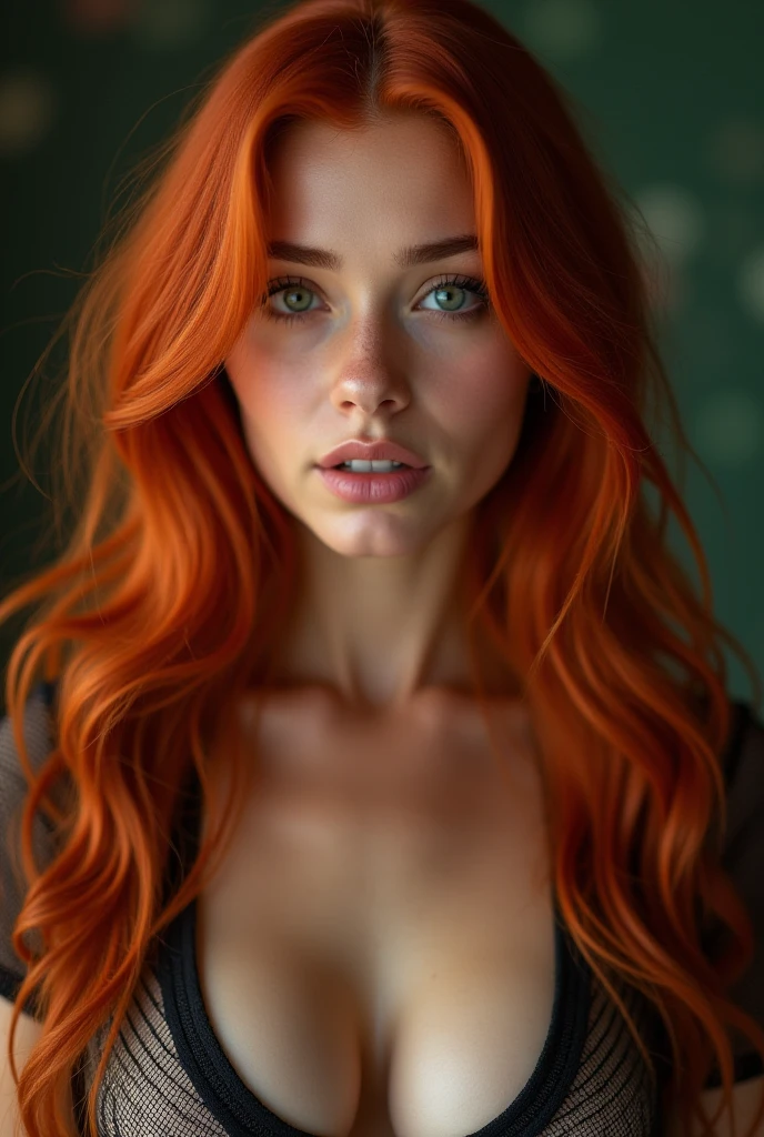 FACE SHOT OF BEAUTIFUL BOMBSHELL RED HAIR WOMAN, LONG RED HAIR, VERY PALE SKIN, YELLOW EYES, EXPRESSIVE YELLOW EYES, ENIGMATIC FACE EXPRESSION,SHY SMILE, GORGEOUS LIPS, ROSY CHEEKS, HIGH CHEEKBONES, MENTAL FORAMEN, VOLUMOUS BREASTS, STRAPLESS CLEAVAGE, WHITE STRAPLESS, ELEGANT CURVY BODY, FRONTAL ANGLE SHOT, DARK BACKGROUND, DIFUSED LIGHTS, YELLOW BACK LIGHTS, MASTERPIECE