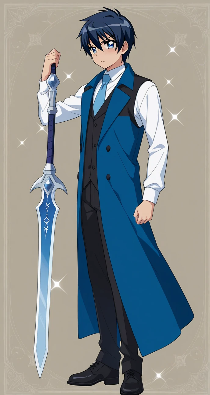 Saito Hiraga Zero no tsukaima full semi-stocked body wearing a blue trench coat, high, adult-looking,  black vest, white shirt under the vest .  black pants,  black shoes. serious look,  blue eyes with a little sparkle ,  black hair, The rest of the dull image, Derflinger ( sword of zero no tsukaima )  being held by him with both hands