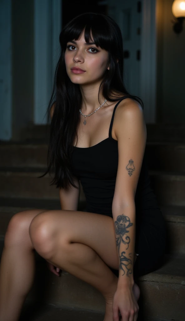 A beautiful woman with tattoos sits on a staircase in a city,a summer dress,You can see her white underwear, her legs spread wide open. ,into the camera, focus is on the underpants,sexly,Photoreal
