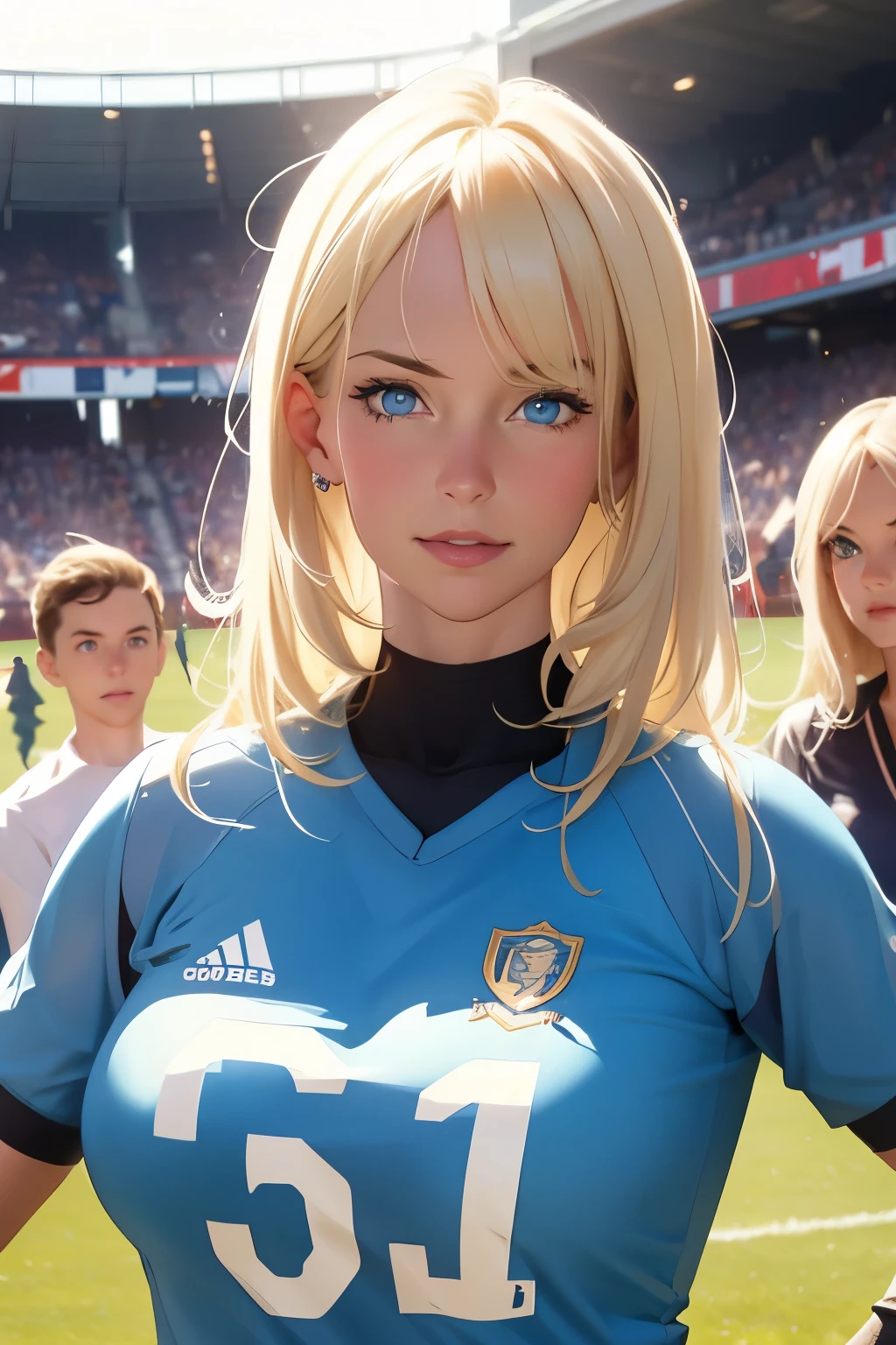Family photo at a football match . The photo shows 3 people , woman and her ren . Beautiful woman aged . she is 40 years old . blond hair , blue eyes . Small size 1 breasts . height 175 cm. Wearing lightweight football club shirts . With her Two boys . Look like her . Oldest 16 . Youngest .