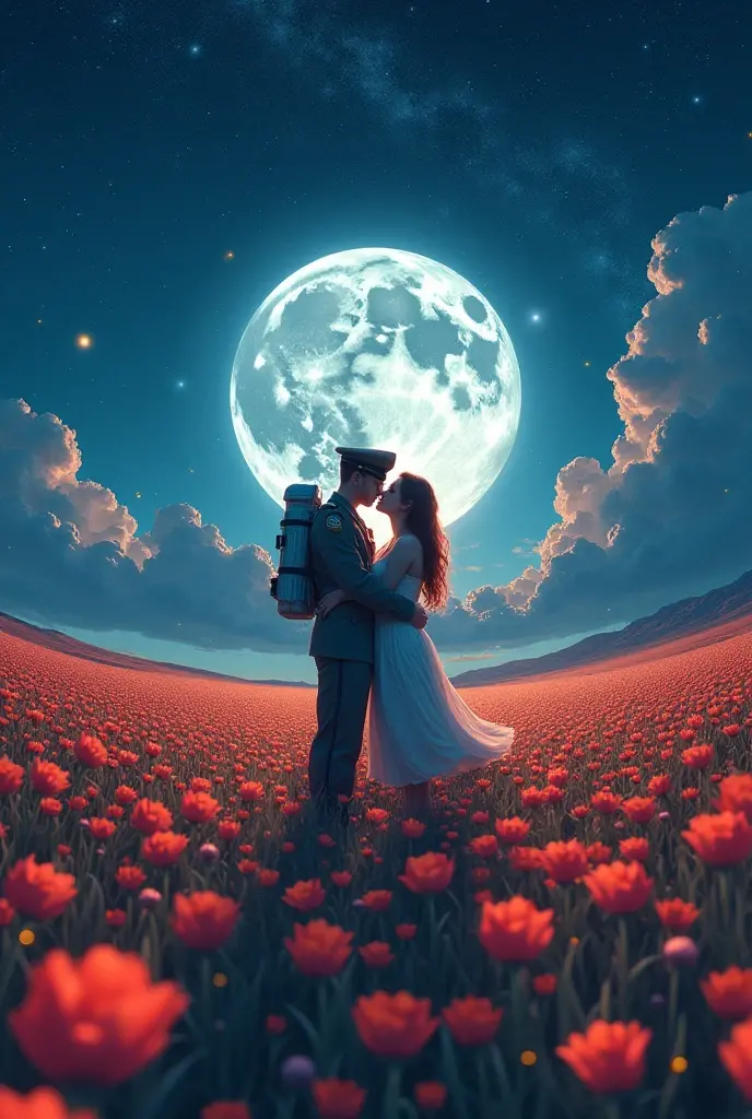 "A highly detailed, romantic cosmic scene featuring a man in a pristine white astronaut suit holding a woman in a minimalist white dress. The setting is inside a futuristic spacecraft with large, curved glass windows framing the background. A massive, glowing full moon illuminates the couple, casting soft, diffused light on their faces and clothing. Earth is visible below, surrounded by the vast, star-filled expanse of space. The image has a retro-futuristic art style with cinematic composition, blending soft, warm highlights and gentle shadows to evoke an emotional, dreamlike atmosphere. The colors are rich yet balanced, with a focus on blues, whites, and subtle golden hues to enhance the romantic, ethereal mood."