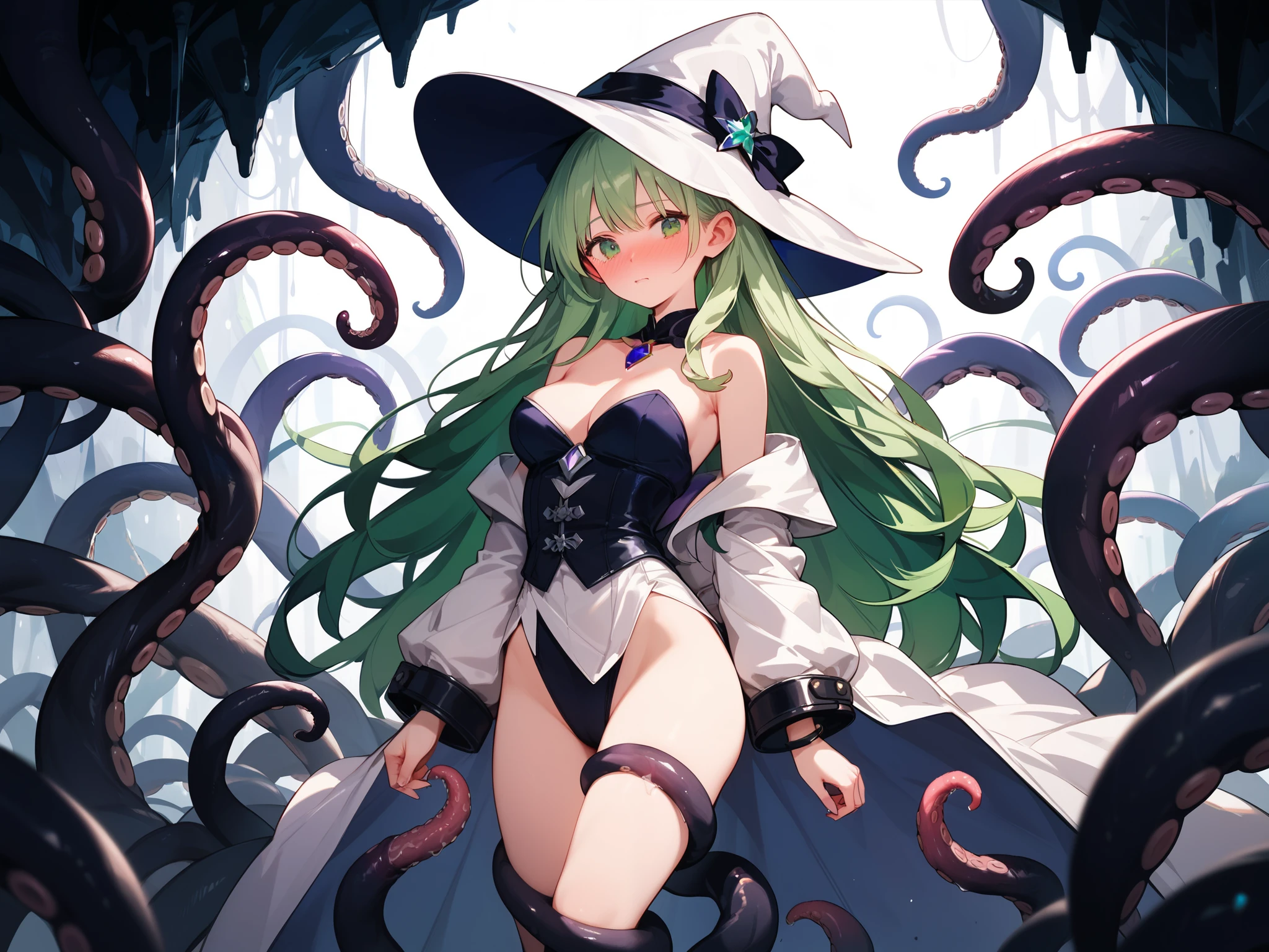 witch,Cape,hat,Navel sticking out,Shoulder,Starry Sky,Moonlit Night,Frills,woman,Purple Hair,Red Eyes,naked,Mucus,Tentacles,octopus,Be entangled,Wet with sweat,Toned body