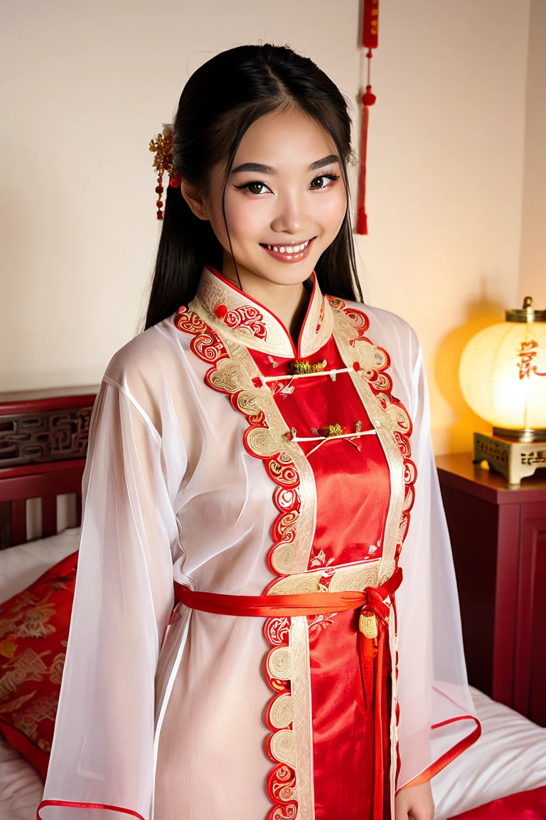 photorealistic image of the same 18 year old Asian female, slender build, unbuttoning a traditional red Chinese wedding costume, intricate woven ornamental details, showing a translucent white nightgown, delicate and symmetrical facial features, slightly almond-shaped and expressive eyes, alluring smile, long and dark hair tied naturally to fit the costume, framing her face beautifully, standing by the bed, soft and warm lighting, looking at the camera seductively, feeling playful