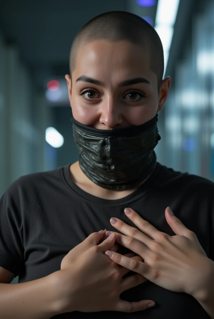 high quality scene from a movie. A gorgeous woman with an alien face hugger covering her mouth.  She is squeezing her chest. She is touching her chest. The stunningly attractive woman with an alien face hugger covering her face. She is holding her chin high. Her mouth is completely covered by the alien. Her eyes are wide with fear. She is wearing a crew-neck t-shirt. Uncomfortable face. Expressive disgusted face. There is an alien face-hugger on her mouth. Scene from a sci fi movie. Her eyebrows are furrowed in confusion. Her face shows sheer shock and horror as she looks like she's about to gag. She has a shaved head. She has high resolution sweaty skin. Sci-fi background. Stunningly attractive woman with a xenomorph facehugger wrapped around her face. Cinematic lighting. High quality shot.