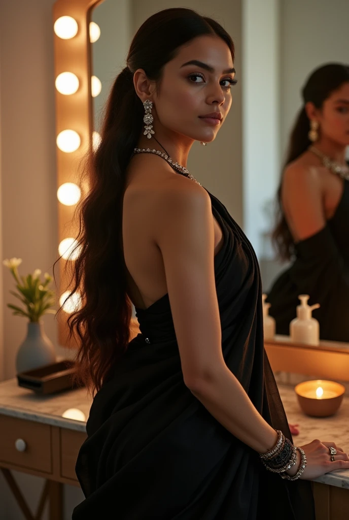 full body photo of sonal chauhan woman, hyper realistic candid photo that is safe for work, serious,studio quality, wearing intricate sleeveless Silver Mekhela Chador (Assamese traditional attire), messy hair, cold pastel shaded multicolored background, cinematic lighting,  âââ<lora:Sonal_Chauhan_Flux_Kohya_V1pt1:1>âââ