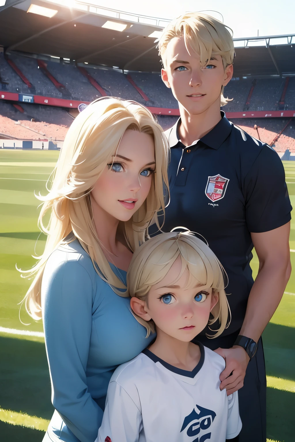 Family photo at a football match . The photo shows 3 people , woman and her ren . Beautiful woman aged . she is 40 years old . blond hair , blue eyes . Small size 1 breasts . height 175 cm. Wearing lightweight football club shirts . With her Two boys . Look like her . Oldest 16 . Youngest .