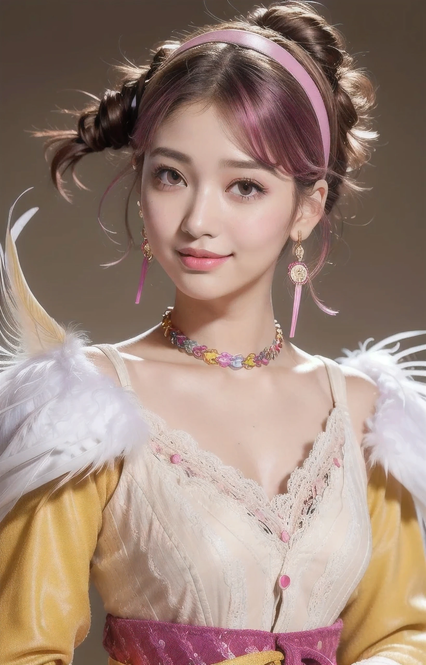 (extra detailed body、extra detailed face、best qualtiy:1.2)、realistic cute muscle female curve cleavage big breasts、looking at the viewers、(swept bangs, shoulder length wavy hair cascading down the shoulders, Layered Hair, Long sideburns, Magenta and Magenta-yellow gradient hair color, messy space buns, a happy smile with theeth, jucy red lips, rosy checks, smoky eyeshadow, winged eyeliner, 23years, ribbon headband, white small hairclips ,Piercing of bird feathers up to the shoulder, Colorful fluffy clothes, Multi-colored lace blouse in light tones:1.4, cropped feather Jacket, Layered bracelets, statement necklace, hyper resolution