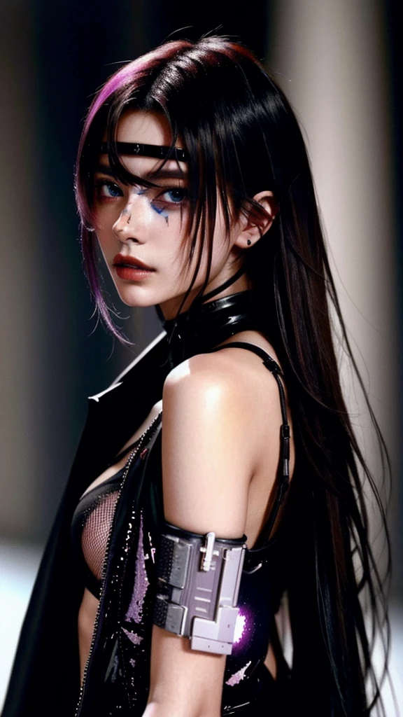 Neon Noir Beautiful Female Semi Robot,Looking at Viewer, . Cyberpunk, Dark, City of Rains, neon signs, High contrast, low illuminance, Vibrant, Highly detailed, Blue hair color, Luminous Eyes
cat ear