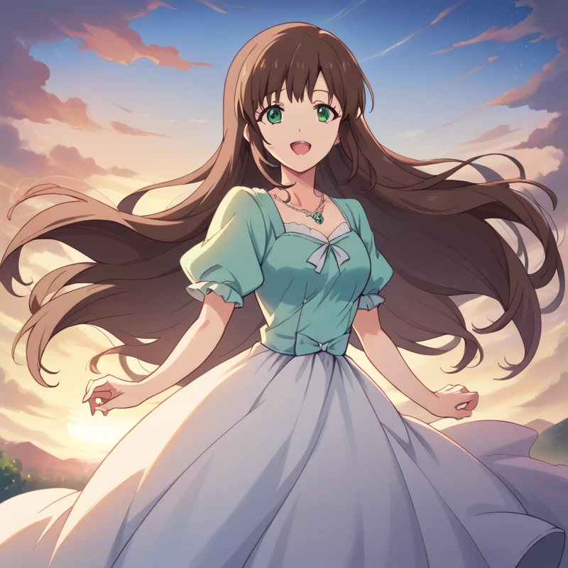  Hina Tachibana ,  long haired ,  brunette ,  green eyes ,  cool wind ,  princess dress , long dress, seafront, sunset, Happy , necklace