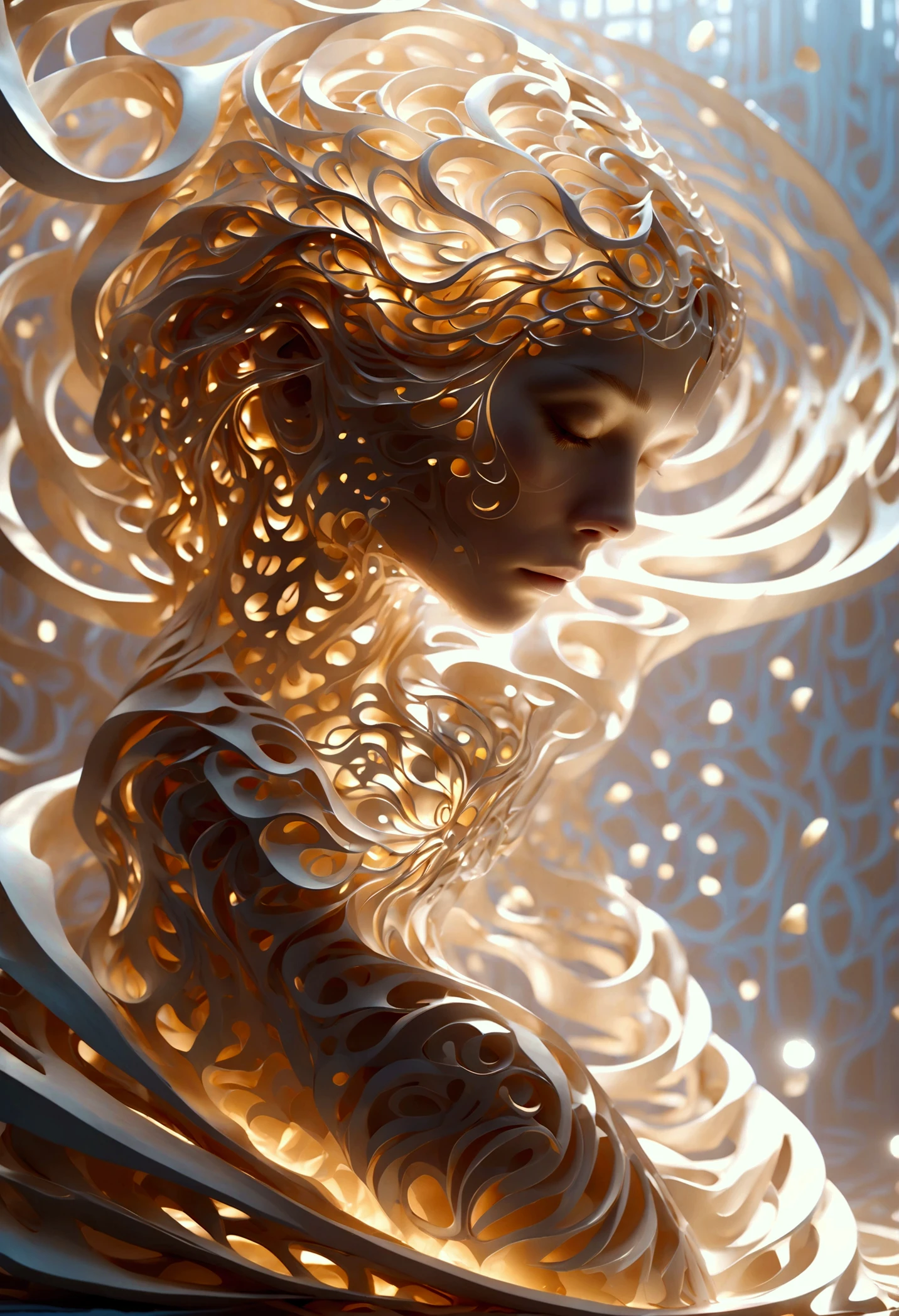 epic cinematic shot of dynamic Midjourney, MJ, Midjourney style, realism, cinematic quality, play of light, gradient, glow, stunning An intricate sculpture with patterns that seem to float and rotate around a central female face with closed eyes. Predominantly white or light color to highlight the finely executed details. Create a dynamic effect with patterns that give the impression of movement in motion. main subject of high budget action movie. raw photo, motion blur. best quality, high resolution