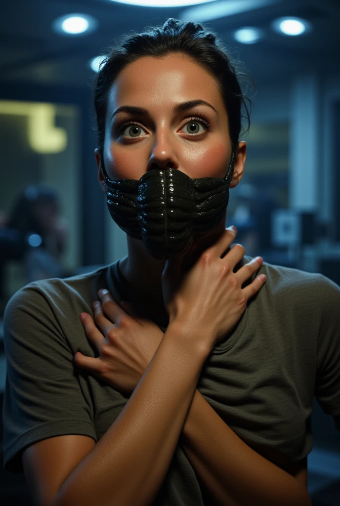 high quality scene from a movie. A gorgeous woman with an alien face hugger covering her mouth.  She is squeezing her chest. She is touching her chest. The stunningly attractive woman with an alien face hugger covering her face. She is holding her chin high. Her mouth is completely covered by the alien. Her eyes are wide with fear. She is wearing a crew-neck t-shirt. Uncomfortable face. Expressive disgusted face. There is an alien face-hugger on her mouth. Scene from a sci fi movie. Her eyebrows are furrowed in confusion. Her face shows sheer shock and horror as she looks like she's about to gag. She has high resolution sweaty skin. Sci-fi background. Stunningly attractive woman with a xenomorph facehugger wrapped around her face. Cinematic lighting. High quality shot.