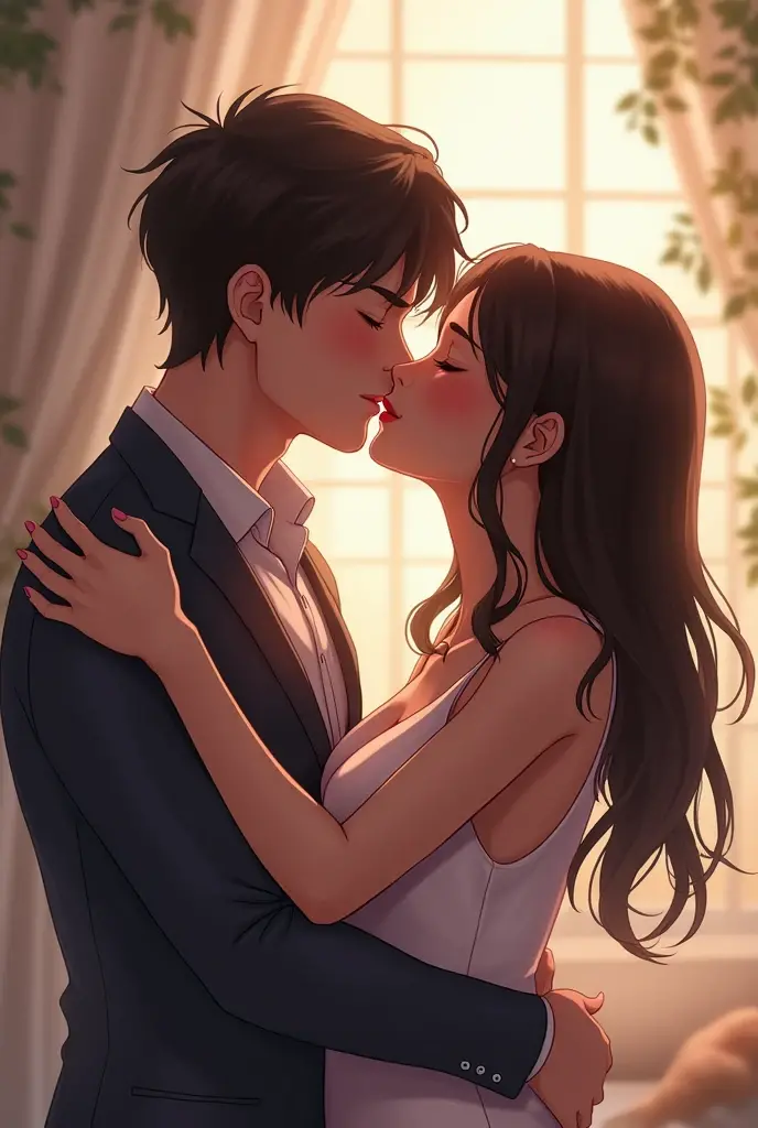 (table top, digital illustration, 4k, 8k, Super detailed, beautiful images, clear image, perfect face, perfect lines, perfect eyes, soft lighting) 1 female, (light brown hair,chignon hair,innocent look,droopy eyebrows,droopy eyes、With a round face,round chin、innocence,cute,Big eyes,natural makeup,smile gently,E cup,23 years old:1.3),Two handsome men in suits, (human,man in suit,muscular,solid shoulder width, boyish hairstyle,A man in his 30s with a cool expression,28 year old man with a bright smile:1.2),garden full of light、lots of flowers、Squirting、colorful flower light,(embarrassing,shy smile:1.2),resort sofa,kiss、カップルkiss、romance porn、couple of man and woman hugging each other、bar、counter、bar