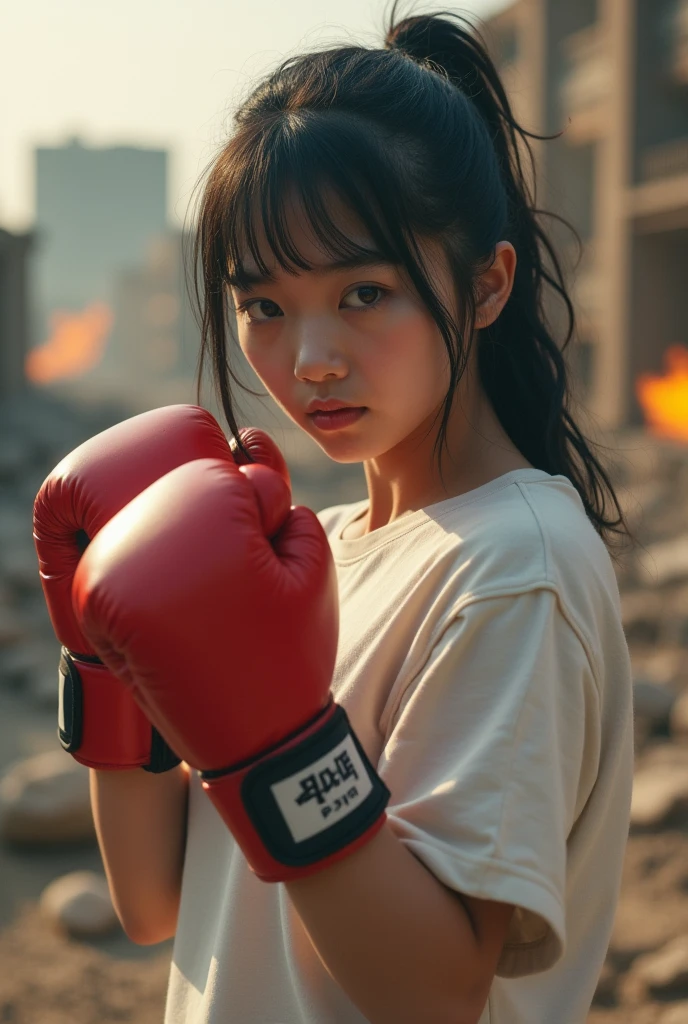 there is a young girl wearing a robe and boxing gloves, Leica 8K stills from A24 negatives, in fighting stance, in a boxing ring, Lovely but firm, Live action movie stills, boxing stance, Work. author:Leng Jun, boxing, Get into fighting stance, she is ready to fight, child, Nam Jae Hwa