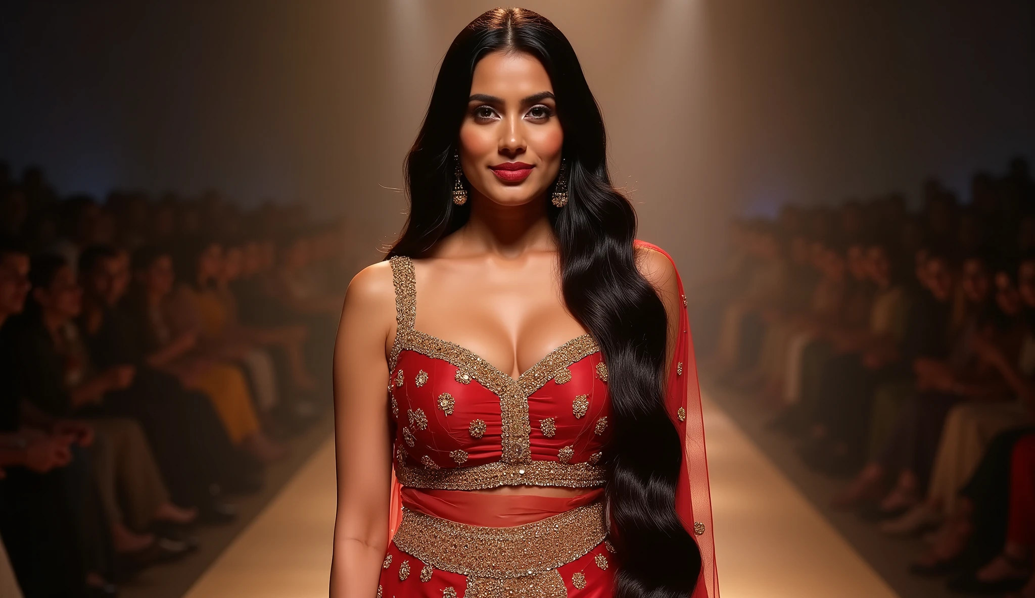 night with lots of lighting. Indian blond black hair long model performing a ramp walk at a fashion show. A stylish rich and tall and big indian woman with extra large boobs and tall, at a fashion show. , sexy, ((Pause_random))、masterpiece, high quality, high quality, High resolution, (full body portrait)、View from front、seductive smile, , best quality, (((masterpiece))), high quality, realist, best detailed, details, realist skin, skin detailed, underboobs, beautiful posing under a fairy tale of exotic magic,lehenga choli, mini skirt, red lipstick. She walks confidently and casually. Focus on aspects such as attire, style, confidence, and ambiance. with slow motion. she is walking and, Camera Zooms out
Tall beautiful middle-aged pakistani bold woman, long black straight hair, heavy hair, wait-long hair, full lips, white skin, green eyes, straight thin nose, voluptuous figure, curvy figure, natural beauty, penty dress, fantasy, magic, fantasy town in the background