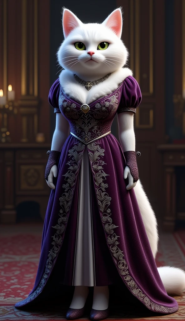 Stepmom Cat (Antagonist):
"A regal anthropomorphic adult white cat with striking green eyes, sharp, defined cheekbones, and slightly arched eyebrows, wearing a sophisticated, dark purple velvet gown adorned with intricate silver embroidery, along with lace gloves, a jeweled necklace, and high-heeled shoes, possessing a confident yet stern expression, curvy human-like hips, and a more mature, elegant appearance in 3D, with a commanding and powerful presence."