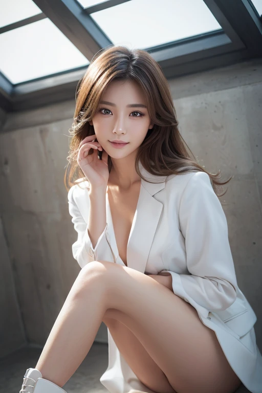 A very popular and beautiful young newscaster,She poses in front of the camera wearing a jacket suit with her long hair tied back.々stand up and read the manuscript aloud,(((Read the manuscript with your chin pulled back and a blank look on your face.))),Full-body shooting from the side,best image quality,professional angle of view,outstanding detail,Super high resolution,realistic:1.4),high detail,focus on details,1girl concentrated in high concentration,beautiful chestnut hair,Beautiful face with a delicate and high nose,Long limbs and slim waist like a model,Beautiful ankles and white stilettos,