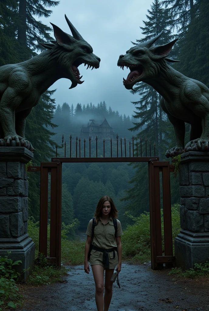 Night image of two large statues of decayed dark gargoyles made of dark ancient limestone facing the camera with angry and nervous faces, open wings and wide open mouths, and are soiled with moss on a pillar that holds a high and open rusty gate with spears on the dark top of a mansion between them in the middle of a dense forest with many vines hanging from the tall trees and moss from the surrounding ground and the statue,  a dark and abandoned mansion is visible on the horizon , Is there clean water puddled on the floor , There is a 20-year-old woman with her hair scattered by the strong wind wounded dirty and dressed in heavy safari clothes and dirty with a backpack on her back and holding with both hands the gate railing ,  sad nocturnal environment with discreet moonlight and fog all around the ground ,   as realistic as possible,  ultra detailed lingerie top, Extraordinary movie quality 