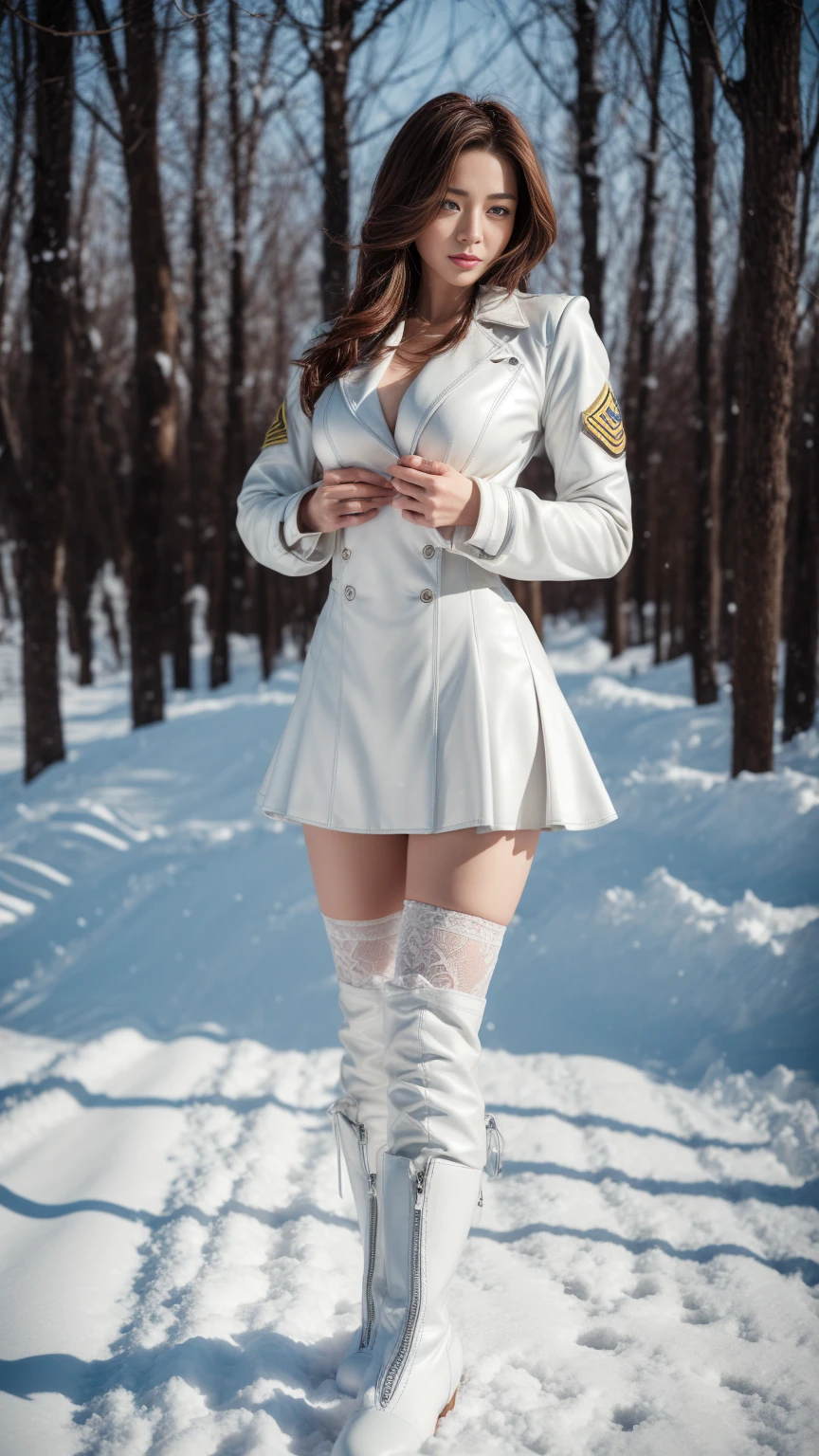 ((1 girl:1.5, playing around in snowy field in forest:1.37, sitting with rising up knees:1.6, with spreading legs:1.5)), Nordic, ((matured girl wearing Sexy white outfits:1.3, cable knit sweater:1.3, close to viewers:1.37, seducing sexually:1.25)), a matured woman with long hair and a white outfit, white winter coat with bore, knit scarf, green ribbon, knee length long boots, white and green winter outfits, wearing dark green pleated skirt:1.3, full bodyesbian, fine details, beautiful anime illustration, 26 years old, BREAK, ((milf:1.5, solo:1.5)), (sfw:1.25), (sagging breast, fuge breasts, big tits, thin waist, big ass:1.2), Raised sexy, (dark mahogany medium short hair, updo, hair over one eye, asymmetric hair, Carly hair, low tied braid, musulman, white Headscarfs, hair bands, head vandage, Turban), (ultra high resolution, 8K RAW photo, photo realistics, thin outline:1.3, clear focus, high qualtiy, natural lighting, textile shading, blurry back ground, depth of field, bokeh, (bright pupils:1.2, fine detailed beautiful eyes with highlight:1.3, super detailed eyes, high detailed face), Red lip, fine realistic skins:1.1, looking at viewers:1.3, (dynamic angle:1.3, crotch focus:1.3, from below:1.4), (multi posing:1.3, sexy pose:1.3, sitting with opening legs shaped M:1.5), (seductive, happy smile with opening mouth:1.4), centered image:0.2, (wearing white long coat with bore and clothes:1.1, bare breast:1.2), gold ornaments, rolling red clothes around waist, dark brown long leather boots:1.3, translucent lace pantyhose), (((correct anatomy:1.5, perfect hands:1.5, ideal ratio body proportions:1.37))), (in a night:1.3), outdoors:1.6, under starry sky:1.2,