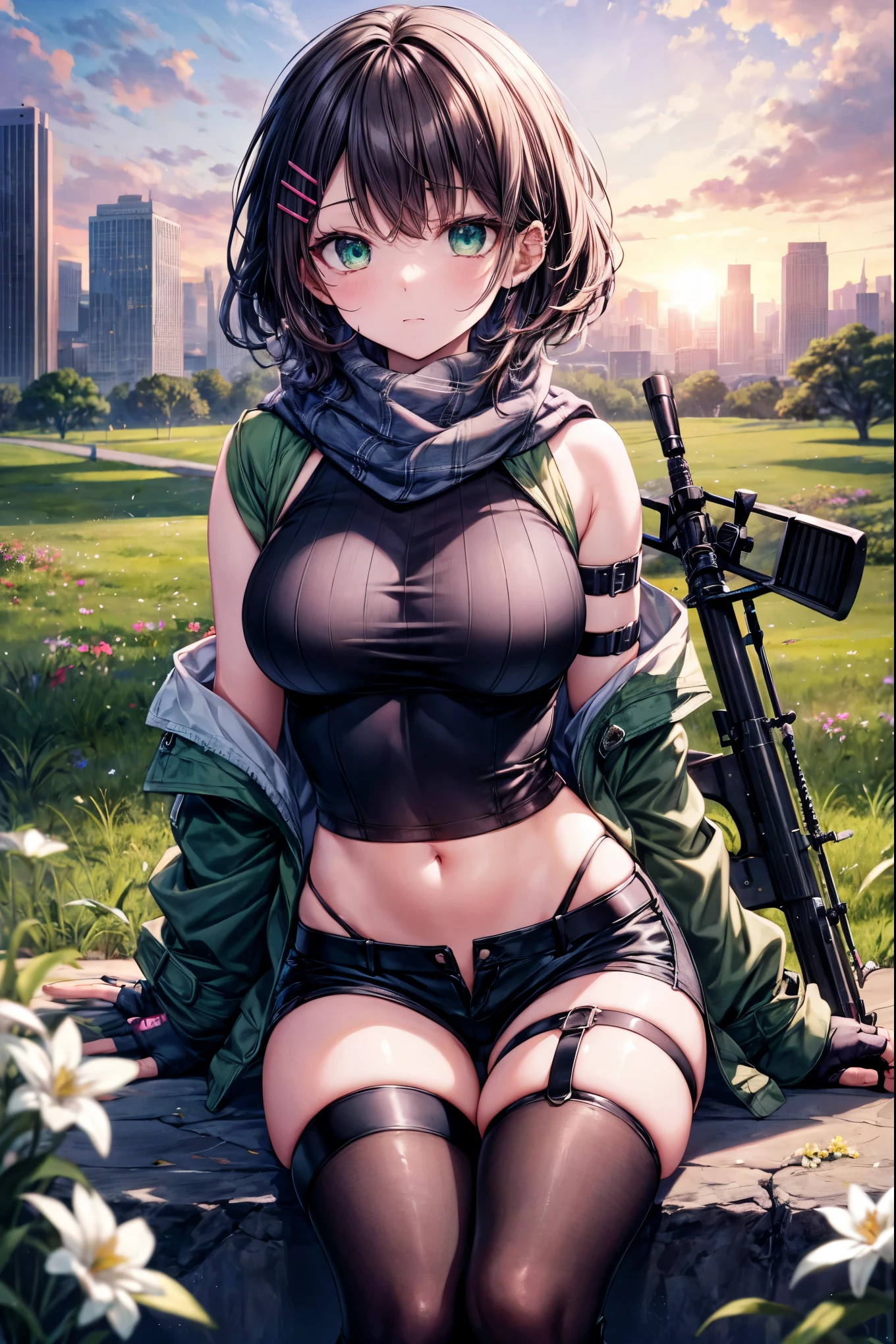 Wild Girl, Green bifurcated head, Bright gold eyes, He holds a long pole in his left hand. The jacket is a jacket made of thinner material, Small stature, Small size, Bursting breasts, large full breasts, voluptuous breasts, Sexy fishnet lingerie underwear, Only school uniform skirt, Top-dressing, A fishnet bra with visible nipples, Naughty underwear, Dark-skinned, Dark green khaki hair bifurcated hair, Bare feet are bandaged, Bright gold eyes, Squatting on a tall tree branch, Holding a pole, Bright smiling face, Ojo, Primitive forest background, amazon concept