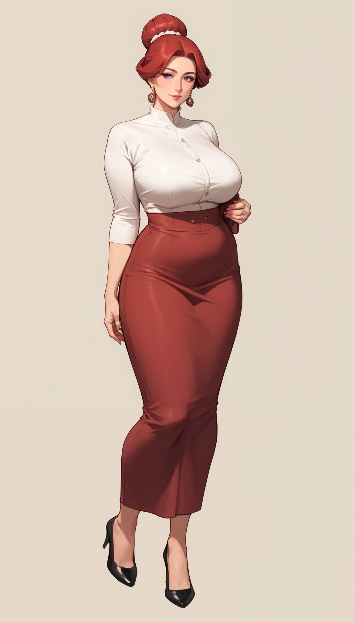 Lovely face,adult,Coquettish,mature,simple outfit,elegance,ponytail hair, big breast,skirt, shirt,kabedon, bun hair, red hair,flirt, Full body, Full body, cintura delgada, buenas caderas,