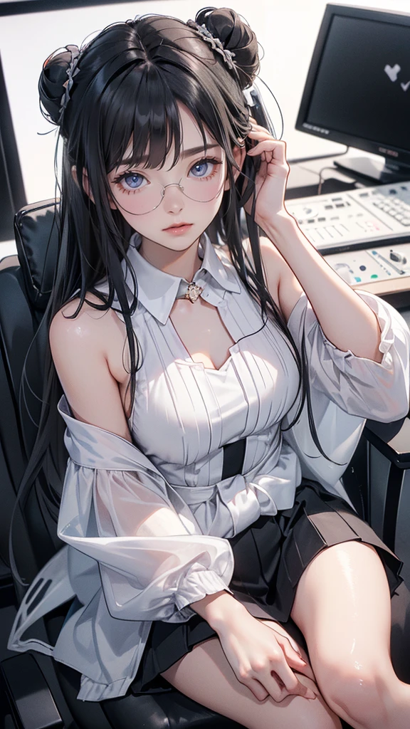 (Image from chest up:1.5)((masterpiece:1.5、8k、Portraiture、Photorealistic and very detailed CG、Very detailed、Particle Effects、Dynamic Effects、Written boundary depth、Cinematic Light、Lens flare、Ray Tracing、Tabletop、Realistic:1.4、超A high resolution:1.2、Realistic、Realistic))((alone、Wearing Headphones, Huge headphones:1.5、A woman wearing a large shirt、Open the front of the shirt、Beautiful cleavage、Shorts、The shorts are hidden by the jacket、Detailed face、brightexpression、young, bright, Whiter skin、large beautiful breasts、Best Looks、Ultimate beauty、Shiny silver hair with highlights、bright and shiny hair,、Modern Hairstyles、Hair dancing in the wind))(A dark private room in an internet cafe、PC Monitor、Sit on a chair)take your eyes away from here、Beautiful profile,

