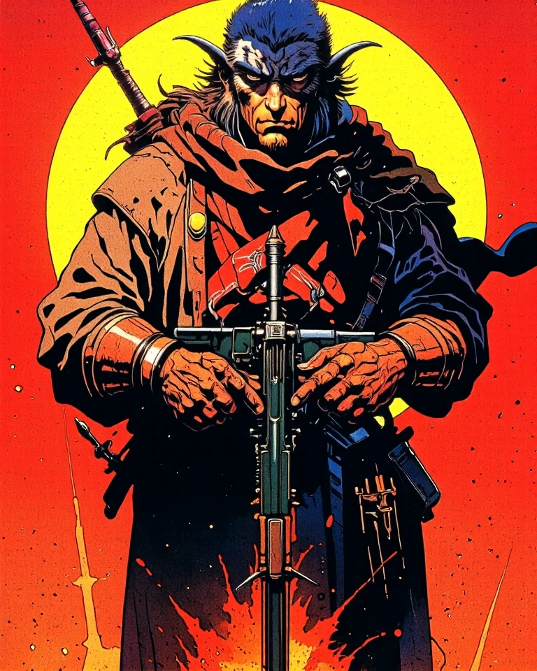 A vibrant, highly detailed, and dramatic painting. (80s Style), (Noise Effect:1.3), (VHS Grain Effect:1.2) Art style by Noriyoshi Ohrai, Art style by Moebius Jean Giraud, (masterpiece, 4k ,ultra detailed,raw photo:1.2),illustration,(symmetry:1.2),(art deco:1.4),(minimalism:1.4),(clean:1.4),(flat_color:1.4), k, HDR, highly detailed, ultra sharp
A formidable fantasy creature from the Dark Crystal universe, standing tall and stoic in a desert landscape bathed in the vibrant hues of a sunrise. Its eyes, piercing and sharp, are slightly averted towards an unseen enemy, a testament to its vigilant nature. The creature's hairy eyebrows, akin to caterpillar-like projections, cast a dark shadow under the intense morning light, creating a dramatic contrast that echoes the artistic styles of Brom and Simon Bisley. Adorned in a tattered desert tunic and a bandana that flutters in the wind, it exudes a rugged charm reminiscent of Masamune Shirow's futuristic designs. The fur-like tufts of hair sprouting from various points of its body add to its otherworldly allure. A scarf, intricately woven with ancient symbols, wraps around its neck, hinting at a rich and possibly violent past. The scene is brought to life with the hyper-realistic flair of J.C. Leyendecker's work, showcasing vibrant colors that pop against the stark, digital artwork by Beksinski. The creature holds an ancient, yet surprisingly advanced, rifle with both hands, its posture reminiscent of a telephoto portrait shot at 1000mm, f2, emphasizing the weapon's significance. The background is a cinematic blend of fiery explosions and a desert landscape, a nod to Boris Vallejo's fantasy epics. The dark chiaroscuro lighting, inspired by the masters of the Renaissance, accentuates the creature's powerful form, casting long shadows that stretch towards the horizon. The artwork is an 8k digital masterpiece, with each pixel meticulously painted to capture the stunning beauty of this moment. The background is blurred, drawi