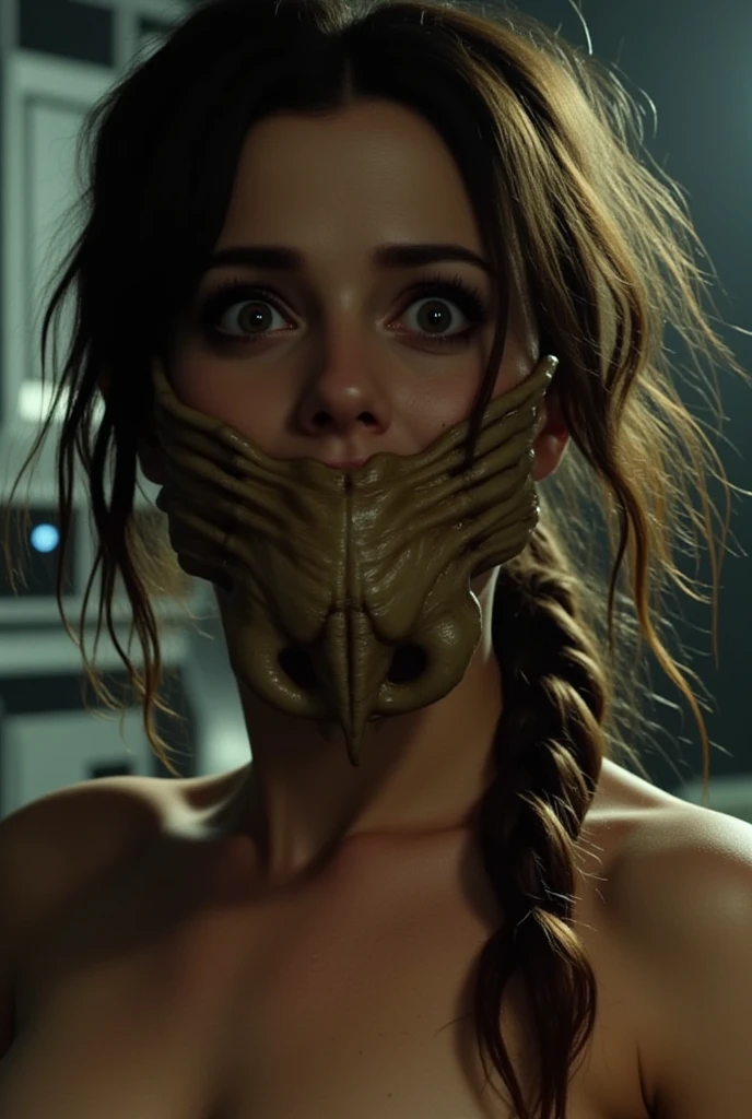 high quality scene from a movie. A gorgeous woman with an alien face hugger covering her mouth. She is squeezing her chest. She is touching her chest. The stunningly attractive woman with a xenomorph face hugger covering her face. She is freaking out. Her mouth is completely covered by the alien. Her eyes are wide with fear. She is topless. Uncomfortable face. Expressive disgusted face. There is an alien face-hugger on her mouth. Scene from a sci fi movie. Her eyebrows are furrowed in confusion. Her face shows sheer shock and horror as she looks like she's about to gag. She has high resolution sweaty skin. Sci-fi background. Long messy hair. Stunningly attractive woman with a xenomorph facehugger wrapped around her face. Cinematic lighting. High quality shot.
