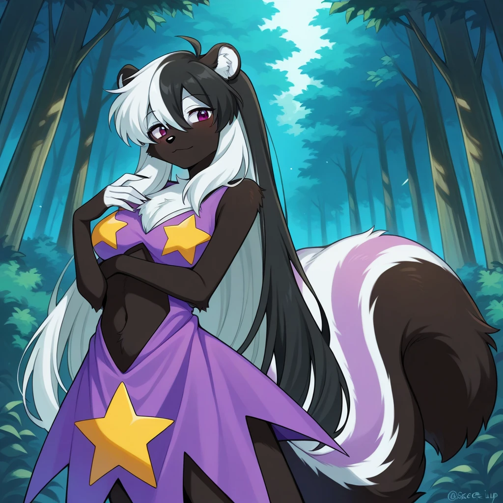 (masterpiece), best quality, solo, star costume, Sage Skunk with white and black color palette with green pale-purple and pink, furry, forest backdrop