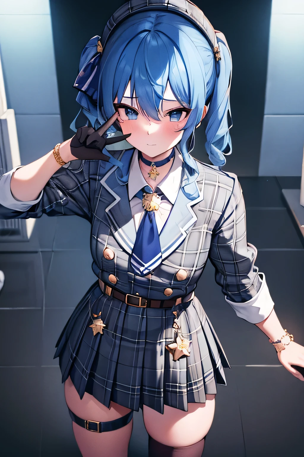 8k,best quality,masterpiece, highest quality, High resolution, SUI1, 1 girl, alone, side ponytail, hoshimachi suisei, small tit,slender, fingerless gloves, single thigh high, jewelry, single socks, thigh strap, bracelet, blue socks, button, single knee high, plaid dress, blue choker, blue belt, plaid skirt, mini crown, gray skirt, blue ascot, long sleeve, Plaid jacket, cowboy shot, perfect finger, blush,making a peace sign,cowboy shot
