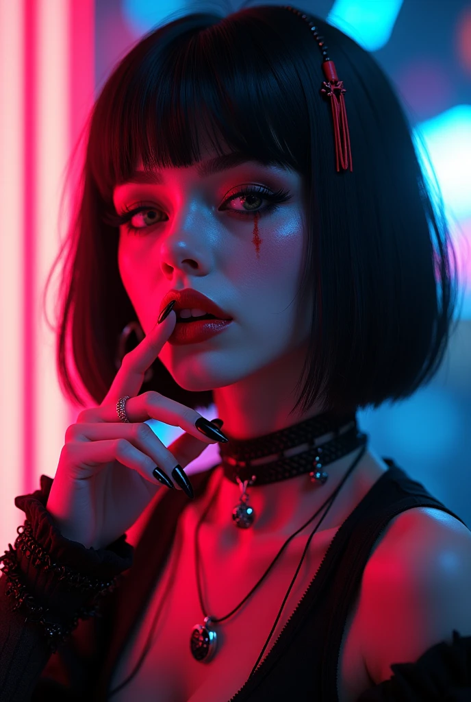 masterpiece, neon splash art of a goth cyberpunk girl, straight-cut bob, bangs, black hair with red streak, earrings, necklaces, red thin lips, dark eyeshadow, choker, black nail varnish, one hand near her mouth, sensual, sexy, vibrant surreal colours