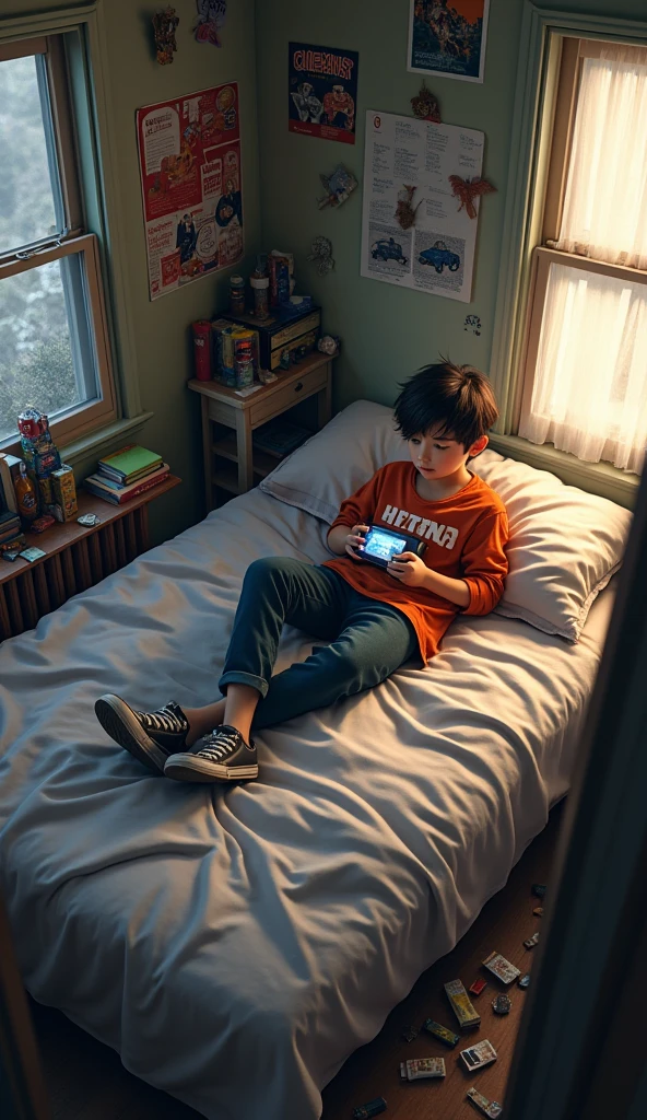 little boy of 6 with brown hair, whole body, lying down, downstairs bedroom, whole body, View from above, ps5 controller in hand, gamer