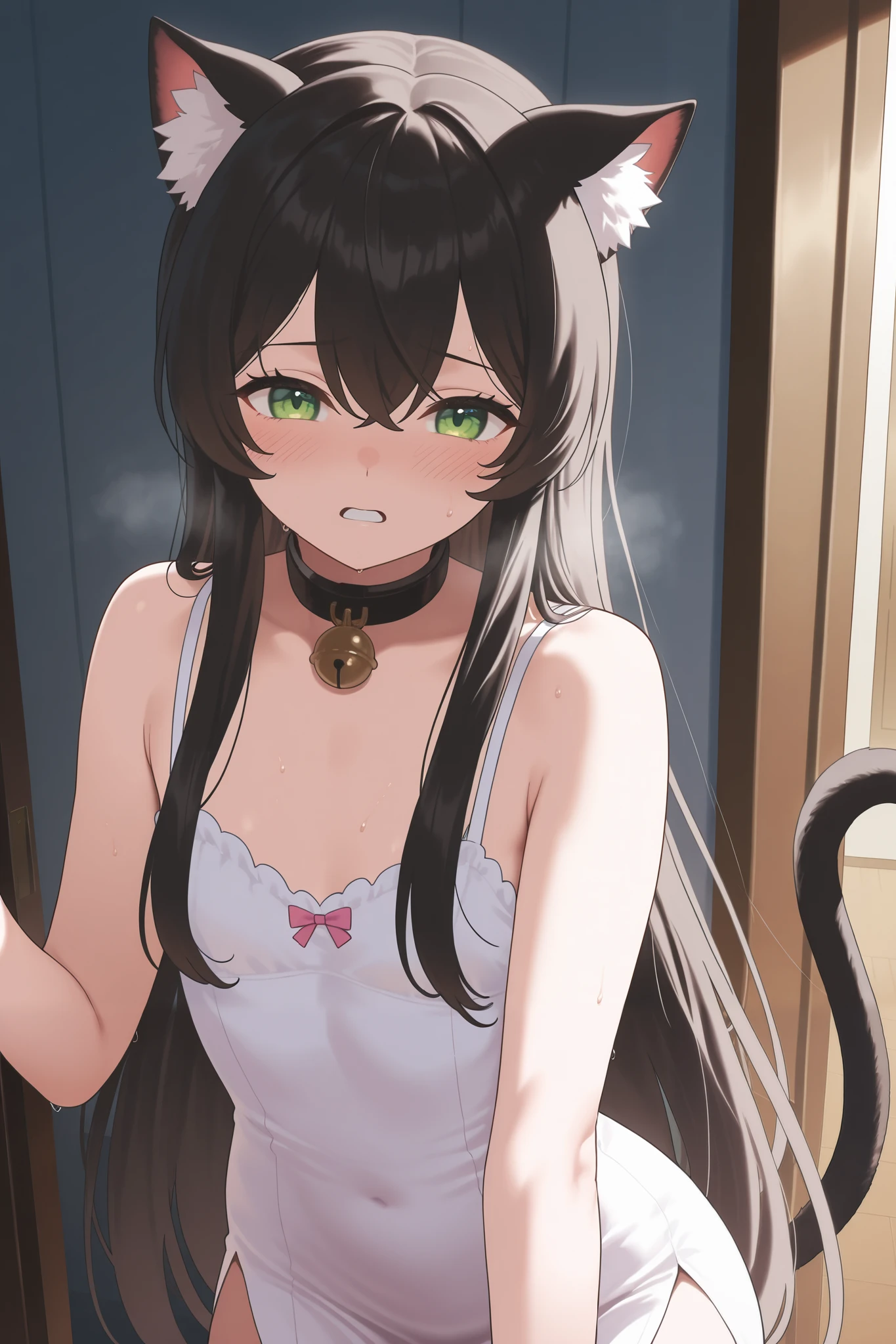 NSFW,masterpiece, best quality , High Resolution , very detailed,Rem Gallew 、 long hair、bangs、 black hair、 animal ears 、 hair between your eyes、非常に long hair、 green eyes、tail、 side lock、Cat ears、 cat's tail、 animal ears の毛, little chest,Fallen into evil, Pleasure Fall ,betrayal