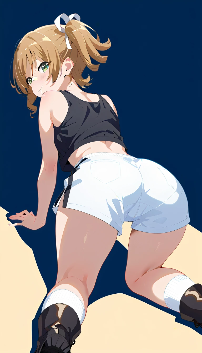 girl 、Brown hair almost black、、Curly hair 、 Very Short Side Ponytail、cleft、Bratty face、Bandage on nose、 black tank top、White Rigid Shorts ,Small chest、Thick legs、 white socks、sports boots、Wide Hips 、Big ass、whole body、 on all fours,assfocus,、street、Sticking out your ass