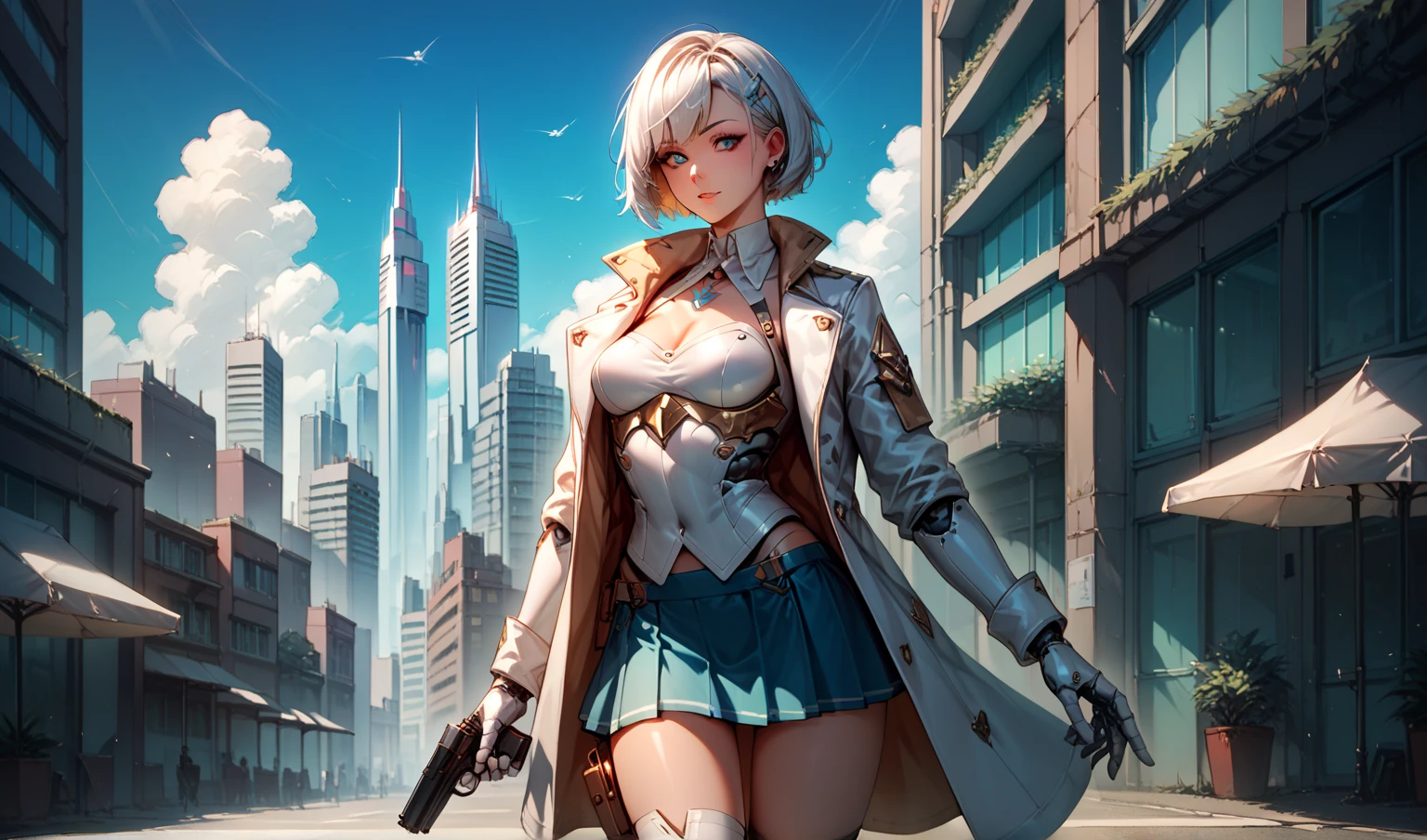 white short hair, female robot，Chest， Slim Body ，White Armor ，coat， skirt，mechanical joint，thigh，pistol， high-rise building ，City