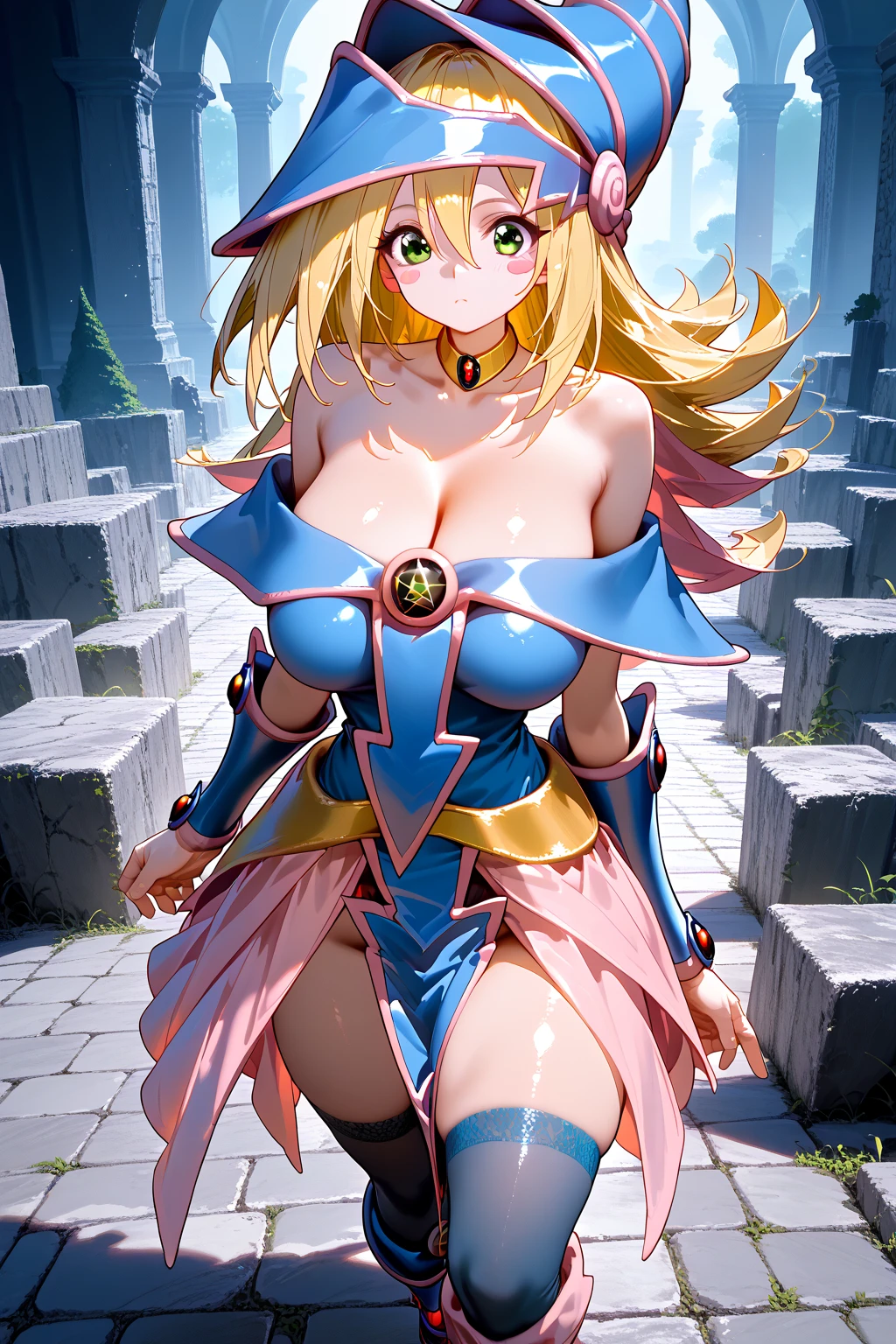 Straight, whole body, alone, Break Anime_dark_magician_girl_Yu-Gi-Oh_myself, www.myself.and,
Blonde, Long Hair, dark magician girl,chest, Hair between the eyes, medium chest, blue eyes, bangs, clavicle, Spiked Hair, Brush Sticker, large chest, Green Eyes, 
nakedの肩, Blue hat, choker, Duel Monsters, Have, wizard Have, chestの谷間, jewelry, gem, tie, star \(symbol\), Arm guard, Pentacles, Braces,pelvis_curtain,Sixty-four trigrams,
Official Art, High resolution, scenery, (masterpiece:1.1), (最high quality,:1.1), (high quality:1.1), (Anime screenshots:1.2),　naked,　nude,　Big Breasts,全naked