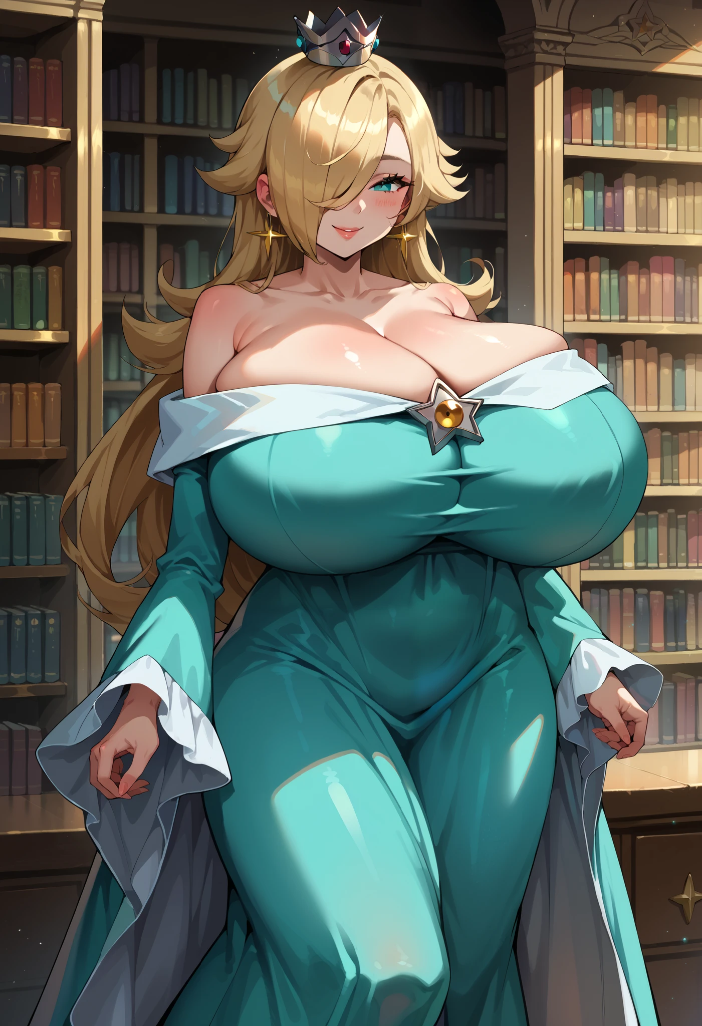 1girl, RslnDef, hair over one eye, crown, bare shoulders, off-shoulder dress, long sleeves, blue dress, long dress, aqua dress, cowboy shot, smile, seductive smile, blush, standing, hyper breasts, deep cleavage, library, nipslip