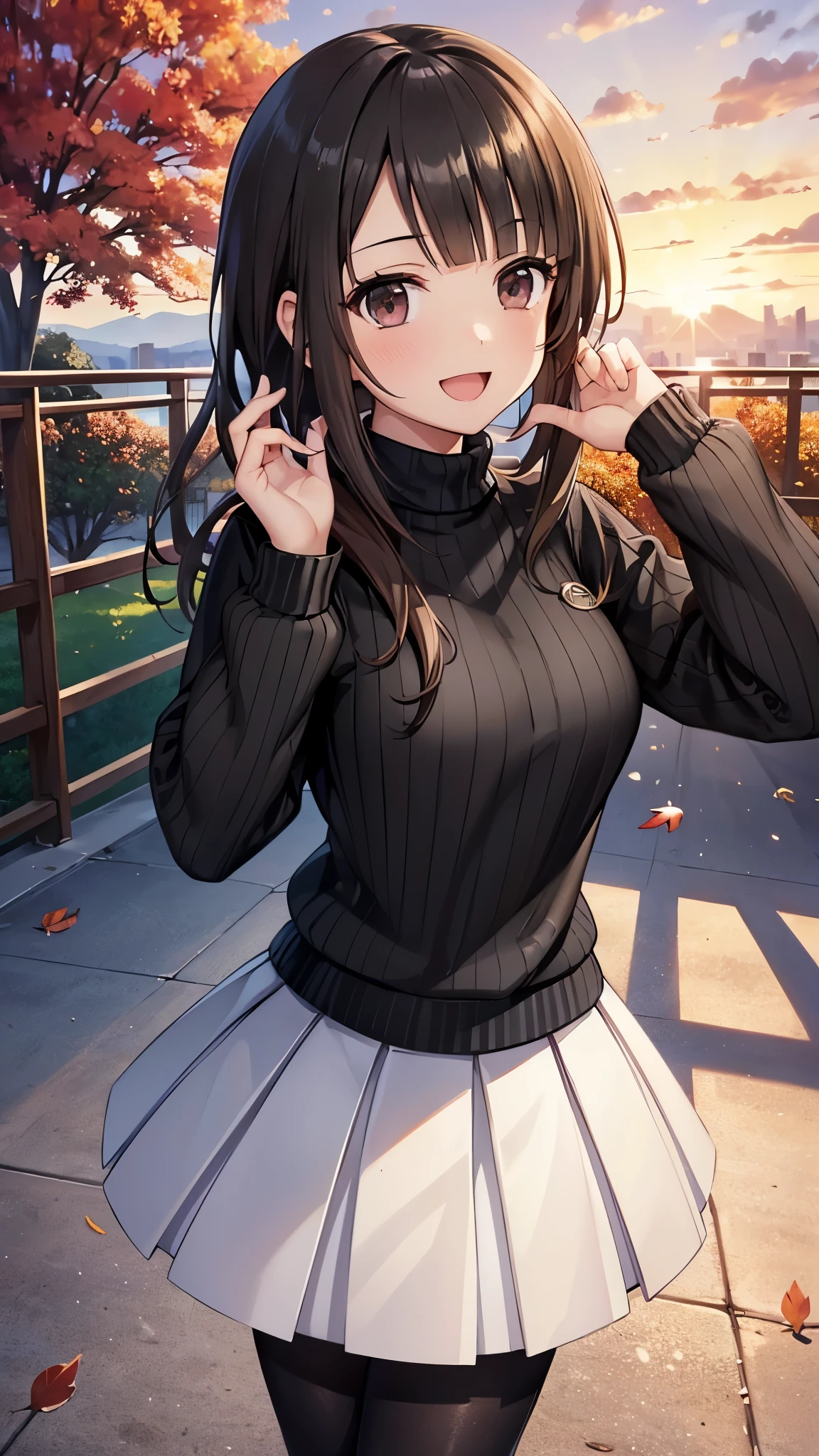 (top quality, greatest masterpiece),okitasawa,low twintale,(ribbed black sweater:1.3),white long length skirt,break,black pantyhose, anatomically correct body , looking at the camera, very detailed facial features, beautiful and perfect face,(:d:1.3),((over head shot:1.3)),autumn leaves,Park in the evening, looking at the camera, Front Angle,sunset,red cheek:1.3,cowboy shot:1.3,
