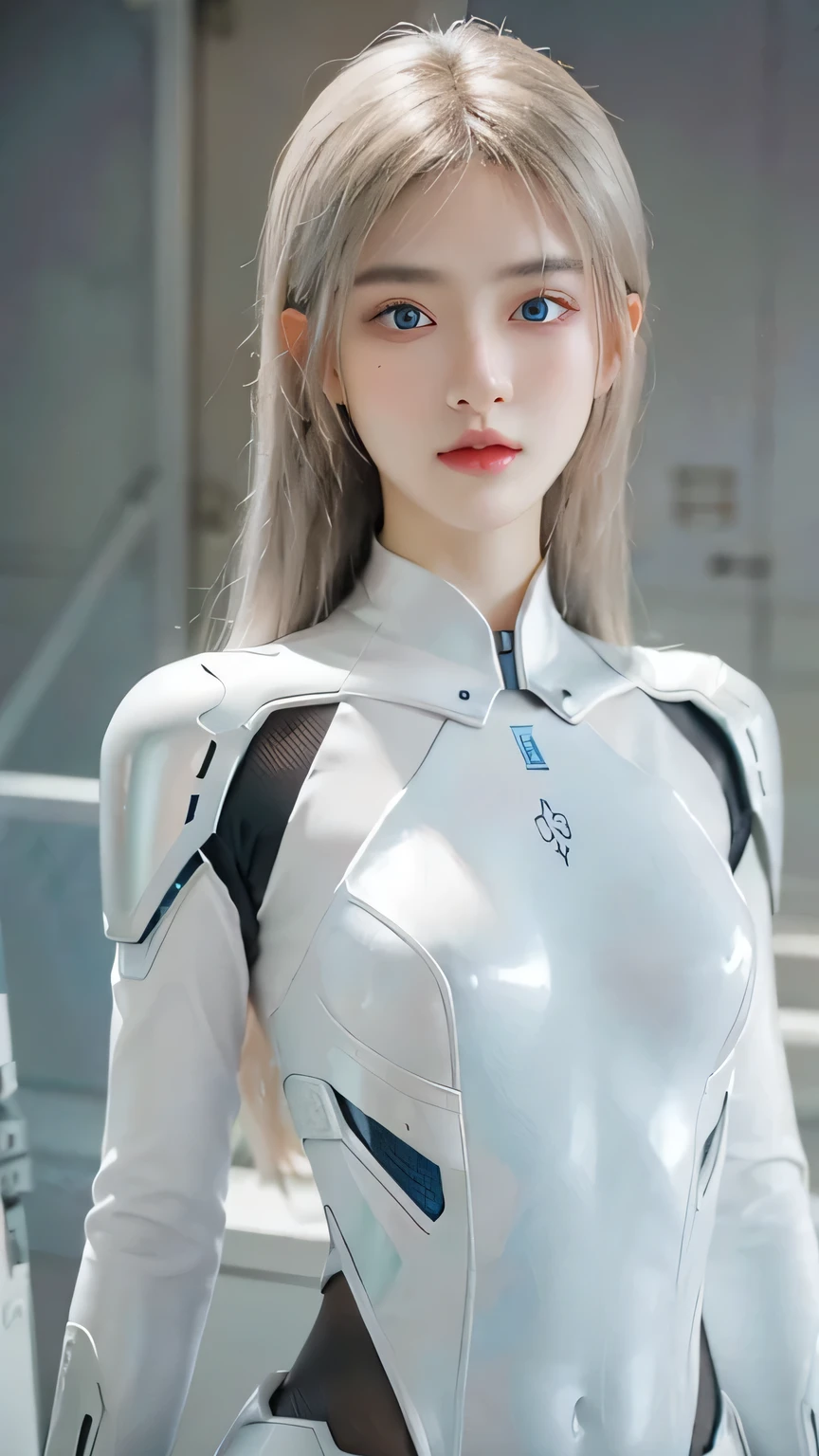 best quality, 1080P, Masterpiece, Whole body photo, Ultra high resolution, photorealistic photo, ultra realism, Realistic skin texture, Light blonde hair, Extreme skin detail, dslr, Detailed eyes, Facing the camera, Very beautiful face, Firm facial structure, Pale skin, Realistic skin texture, Extreme skin detail, oc render reflection textures, Realistic light and shadow, One picture, alone, The body is slender and balanced.., Age 20, Height 170, no underwear, Flat stomach, (White shiny leather bodysuit), full body view, Whole body photo, sexy pose, A girl with the body of a mechanical robot., Transparent futuristic white glass mech armor suit, The mechanical cervix is attached to the neck., Woman with perfect mechanical arms and legs, 