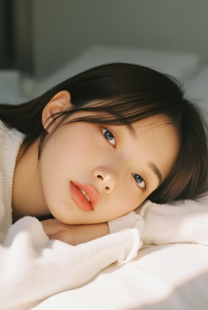 a girl with short brown hair laying on the sofa covered by blanket, clear eye, (look down at the viewer:0.8), detached sleeves, open mouth, bangs, white sleeves, white glove, blue hair, 1girl, shiny skin, (masterpiece;1.0), (photorealistic:1.4), (soft focus:1.2)