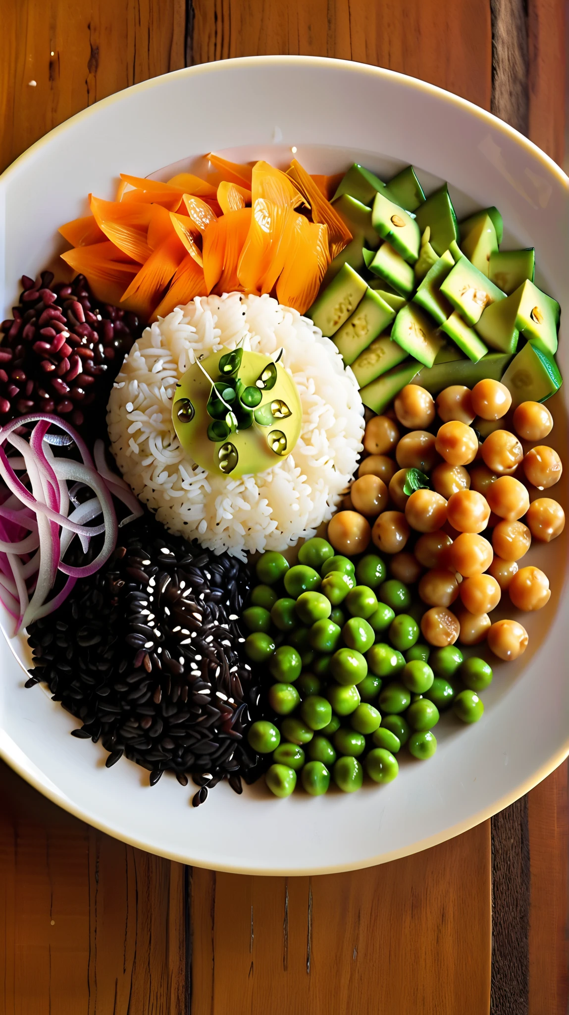 Hgraphic elements, Dynamic Light, Cinematics, HDR, UHD, professional PHOTOGRAPH OF a colorful and well-arranged plate of food. At the center, there is a generous portion of cooked beef, likely marinated, sprinkled with sesame seeds. Surrounding the beef is a variety of vibrant ingredients:
- A mound of black rice, showcasing a rich, dark color.
- Plump green edamame internal beans(Pea, There are no outer pea pods) are positioned next to the rice.
- Thinly sliced red onions add a sharp contrast in color.
- Delicate, rolled ribbons of orange carrots provide a pop of brightness.
- Slices of fresh cucumber add freshness.
- A few pieces of yellow corn offer sweetness, while small, round white items, possibly cooked chickpeas, add variety.
- Finally, there are segments of orange, likely orange slices, giving a citrusy hint.
Overall, the plate presents a balanced and nutritious meal, combining a mix of flavors, textures, and colors.