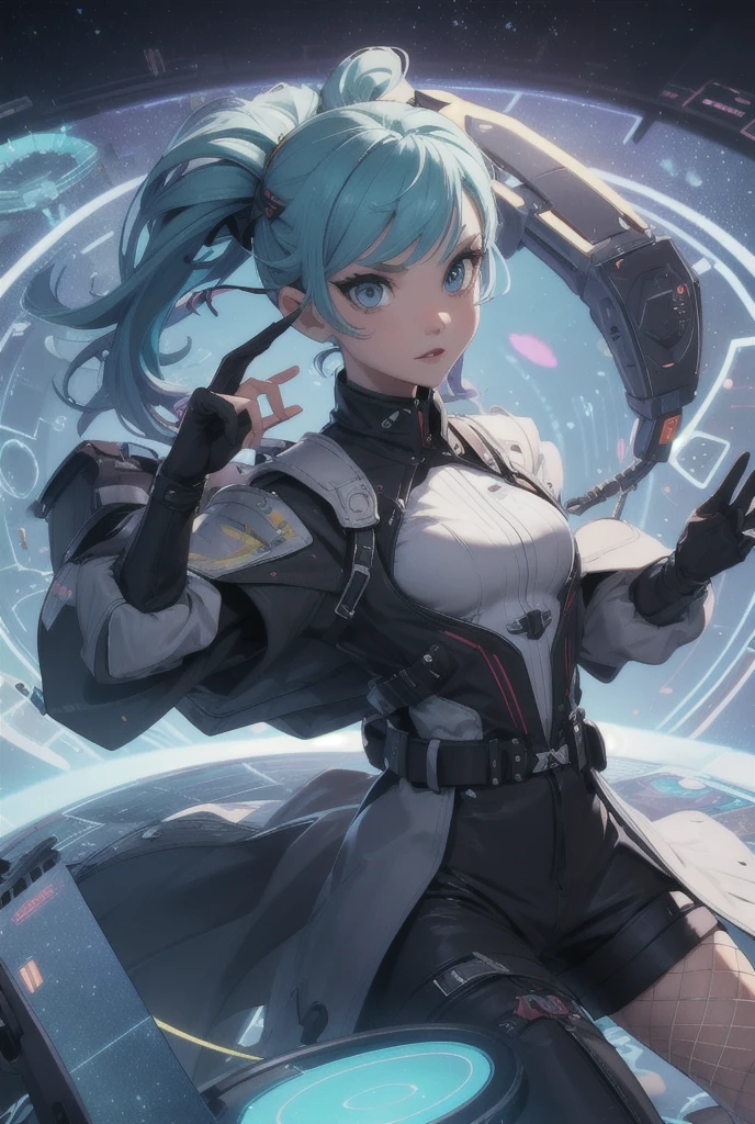 1 girl, anime, high quality, intricate details, futuristic setting, short, robotic, cybernetic, futuristic fashion, pasel blue hair, bear ears, dot eyebrows, angry pout, streetwear, pastel blue and black outfit, pastel blue eye, pigtails, circle eyebrows, flat chest, hairclips, accessories, bracelets
