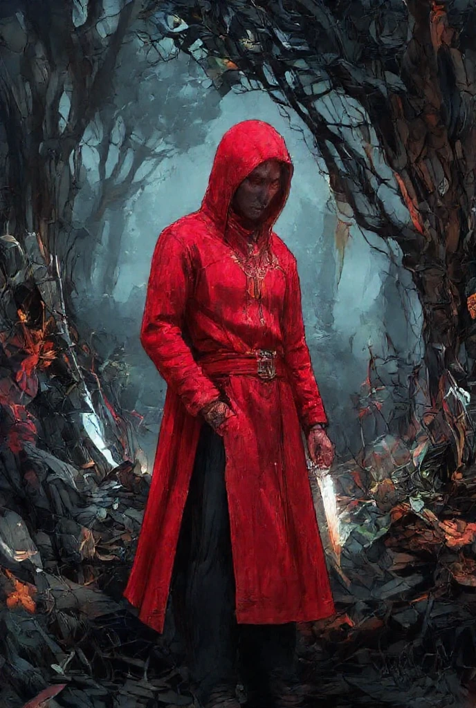 The background of a thief in a red coat holding a dagger is a jungle kingdom death style