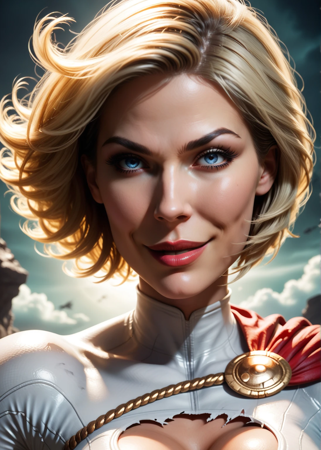 Power Girl da DC Comics,(best qualityer,4K,8k,high resolution,work of art:1.2)(weather: windy),battle ruins,Gotham,short hair,ultra detailed,realisitic,portraite,beautiful detailed blue eyes,beautiful detailed lips,torn clothes,extremely detailed eye and face, long eyelashes,sexly,average,large breasts,cleavage,flying hair,gloves,beaming smile,powerful girl in a battle,combat pose,stunning curves,bright coloured,dramatic lighting,battle background,composition,red cape,